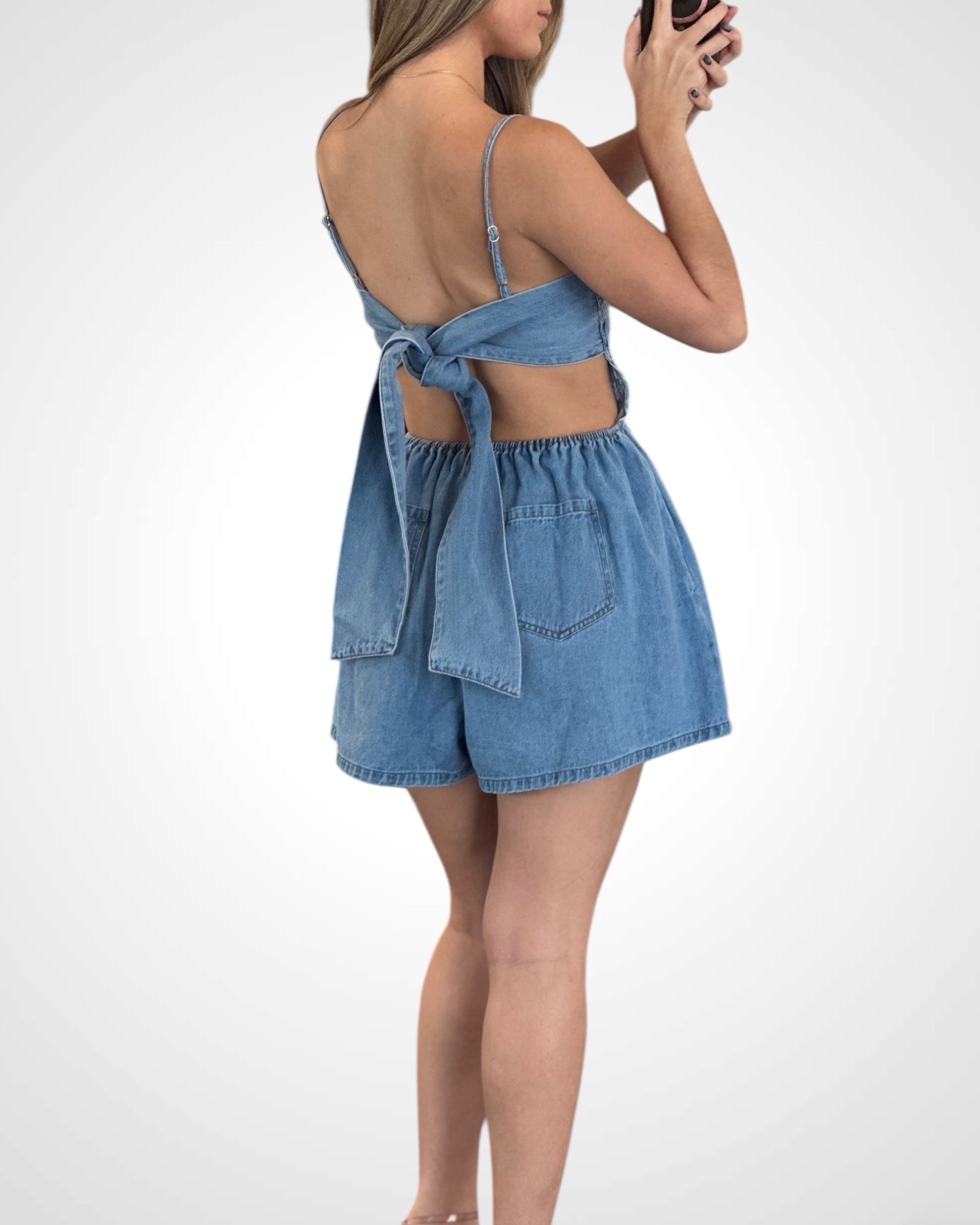 SJQ-SMOCKED BACK TIE DENIM ROMPER