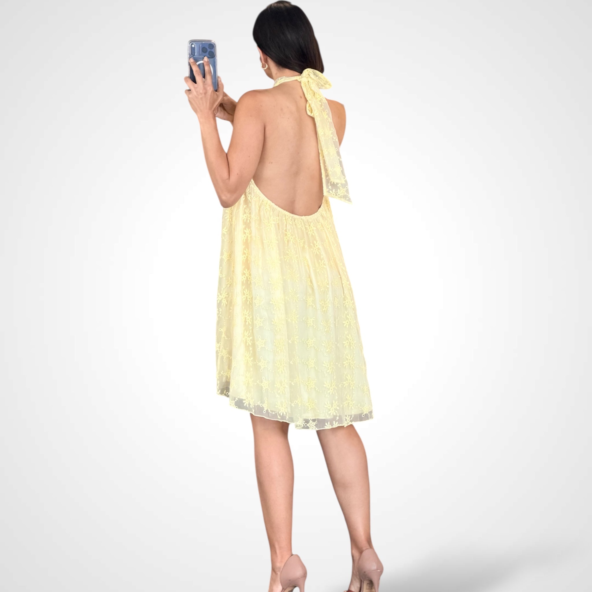 Halter Neck Open Back Crochet Floral Mini Dress•-3