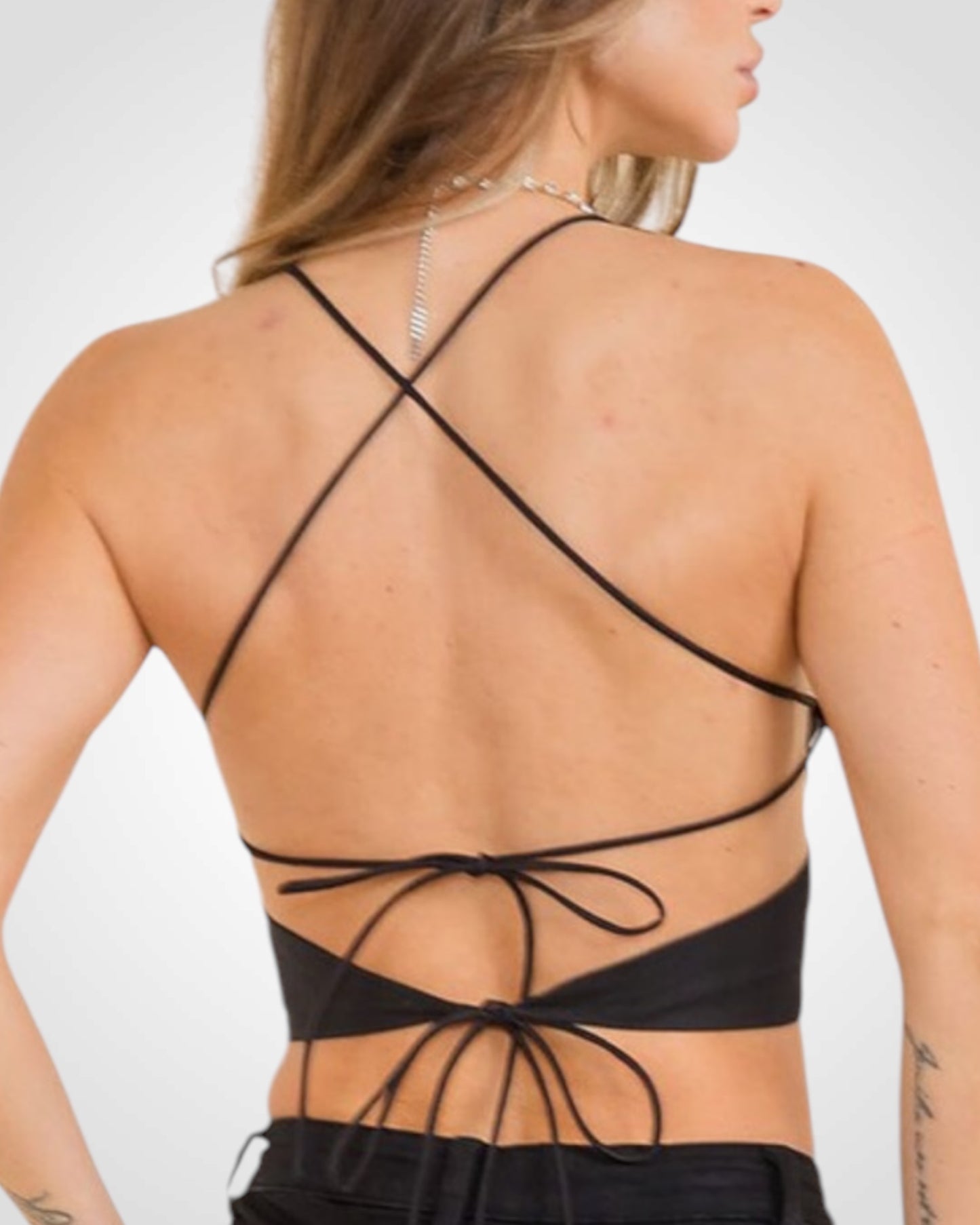 V NECK RHINESTONE TRIMMED OPEN BACK CROP TOP (BLACK)