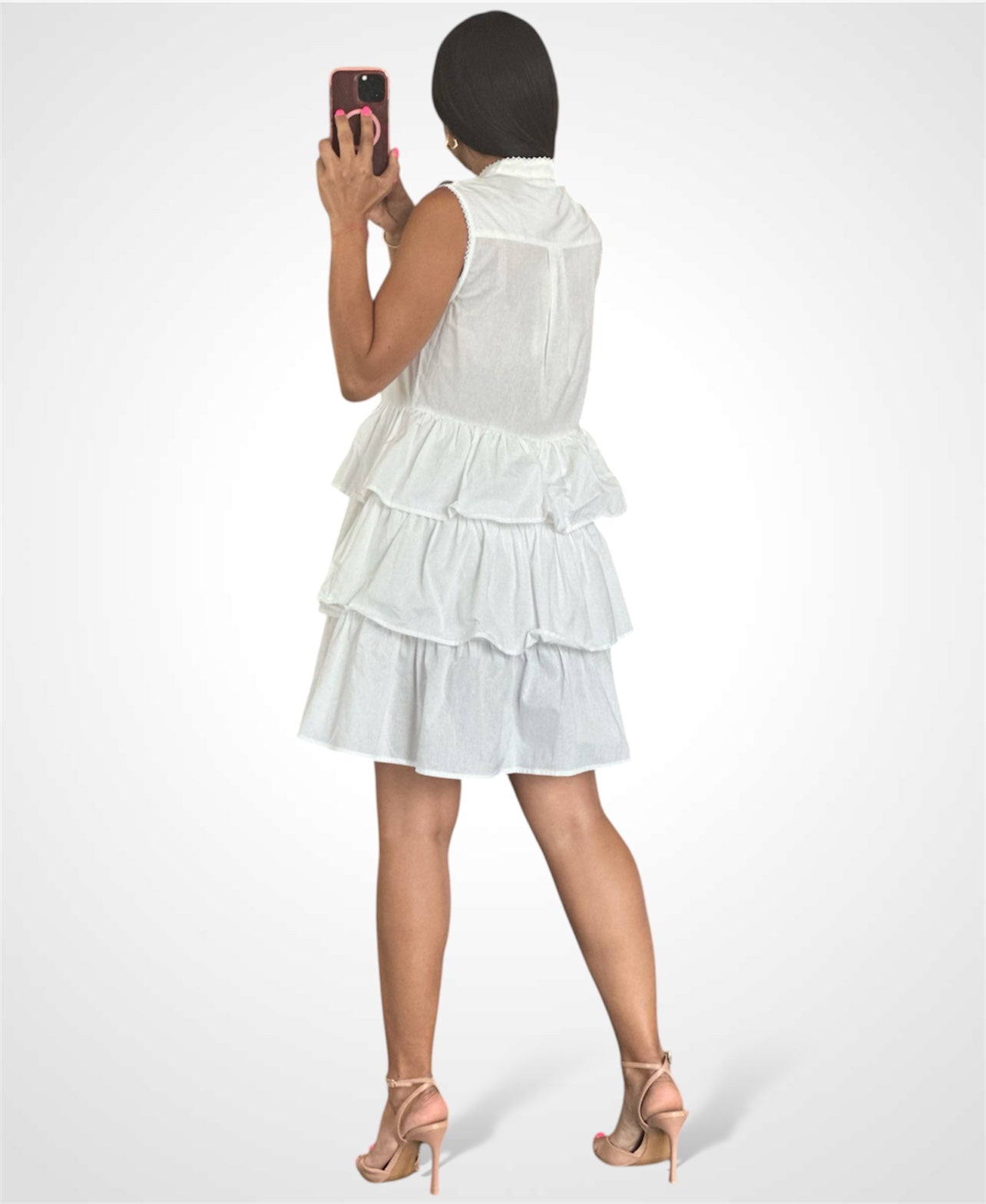 SLEEVELESS BUTTON UP RUFFLE TIERED MINI DRESS•-3