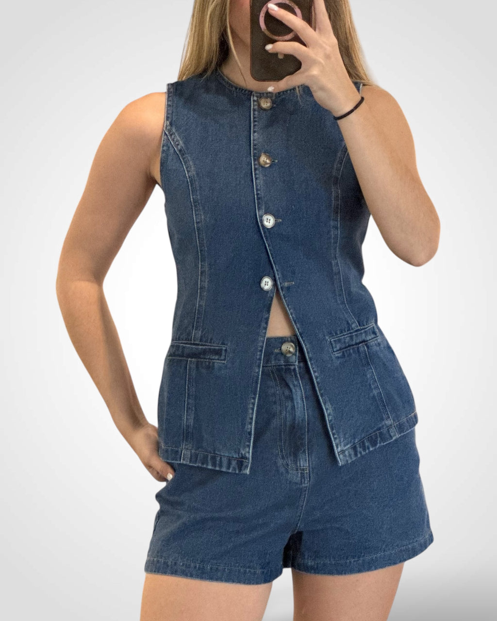 Denim Button Vest Style Top & Wide Shorts Set