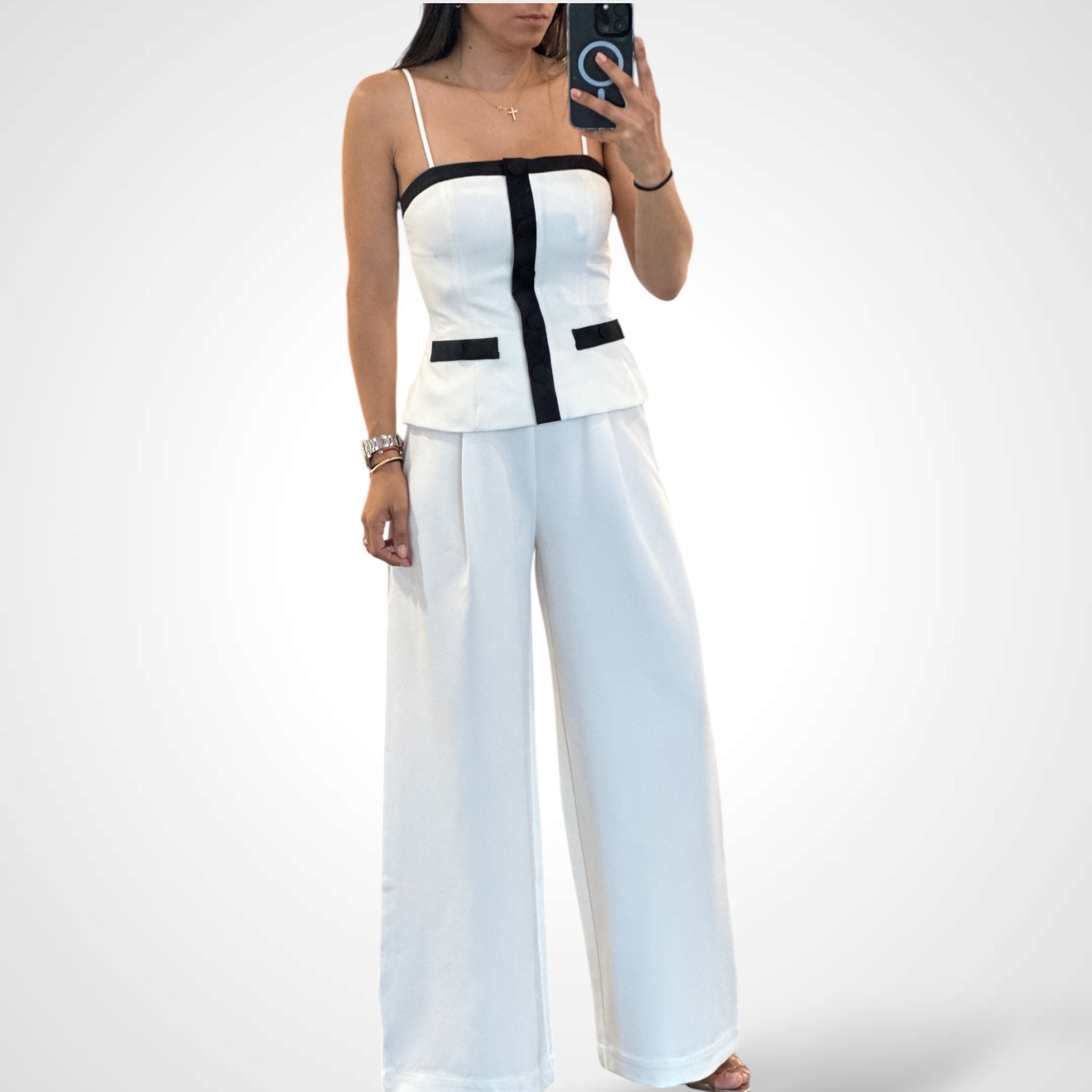 OFF WHITE BUTTON DOWN CAMI AND WIDE LEG PANTS SET