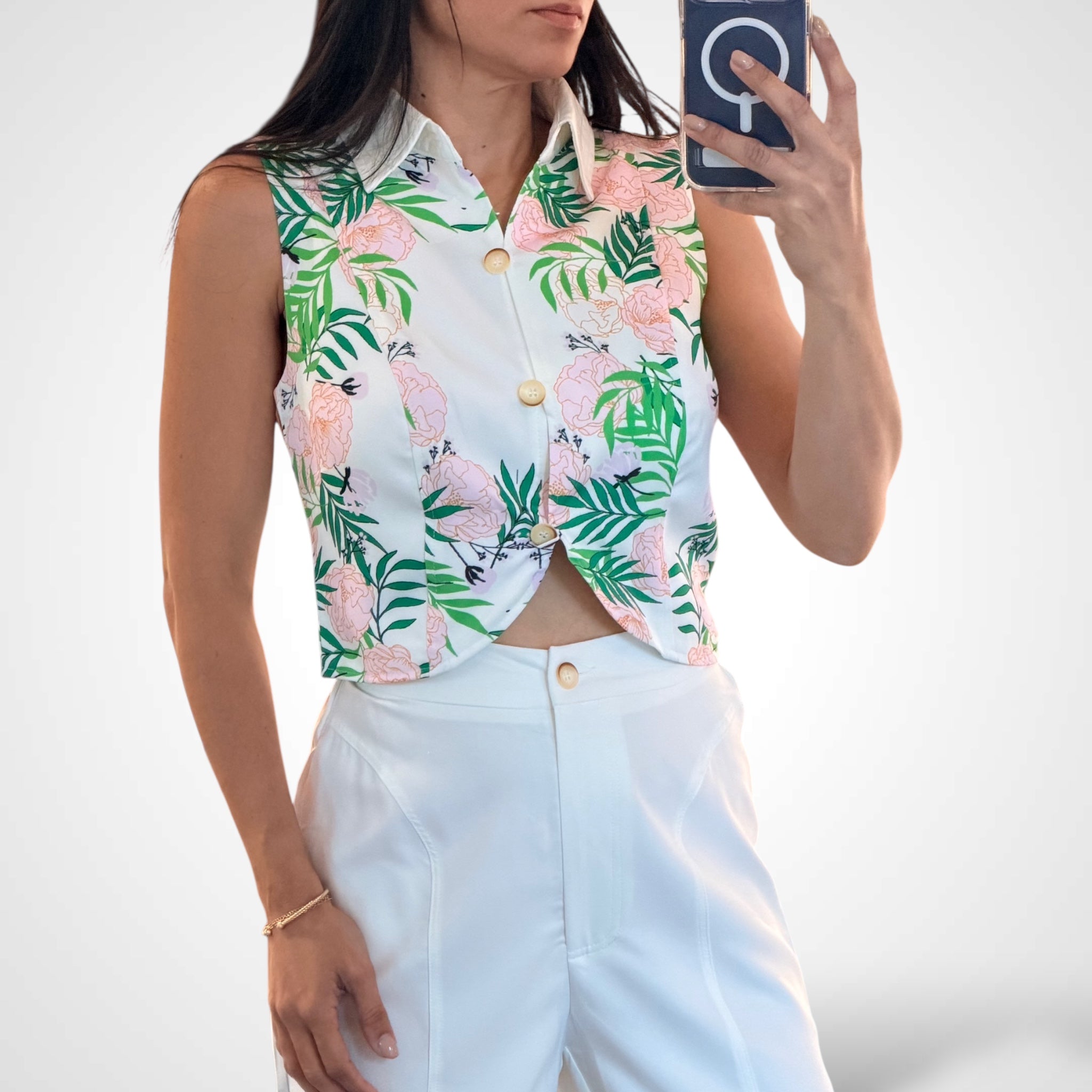 Crop Top Button Closure Pants Floral Print Set•-2