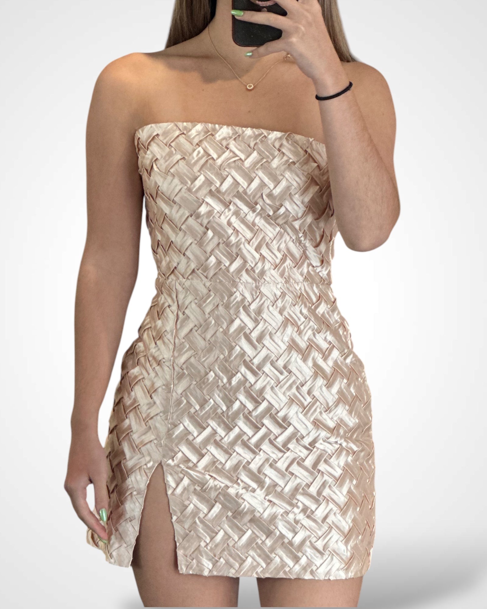 Square pattern tube mini dress (Cream)