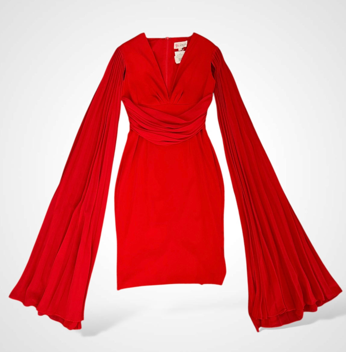 PLEATED LONG SLEEVE RED DRESS•