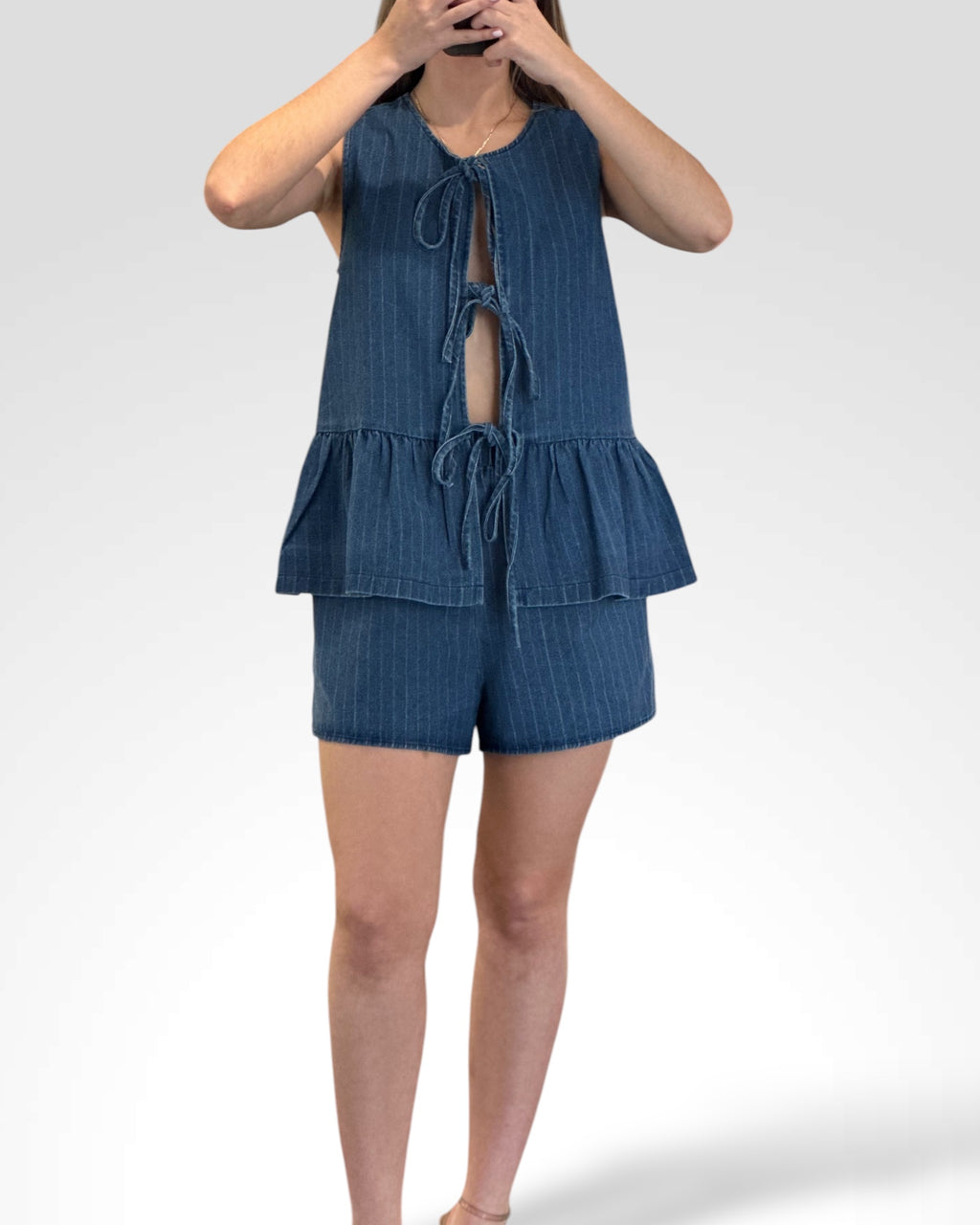 STRIPED DENIM TIE FRONT PEPLUM TOP AND SHORTS
