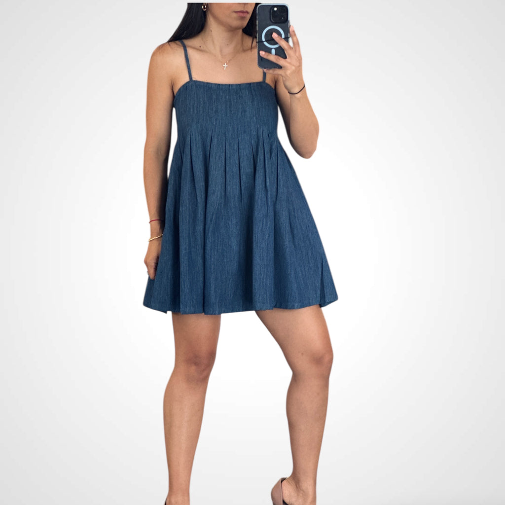 SJQ-Washed Denim Square Neck Casual Swing Mini Dress