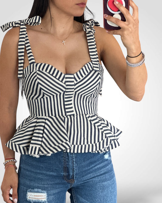 Pin Stripe Peplum Bow Top