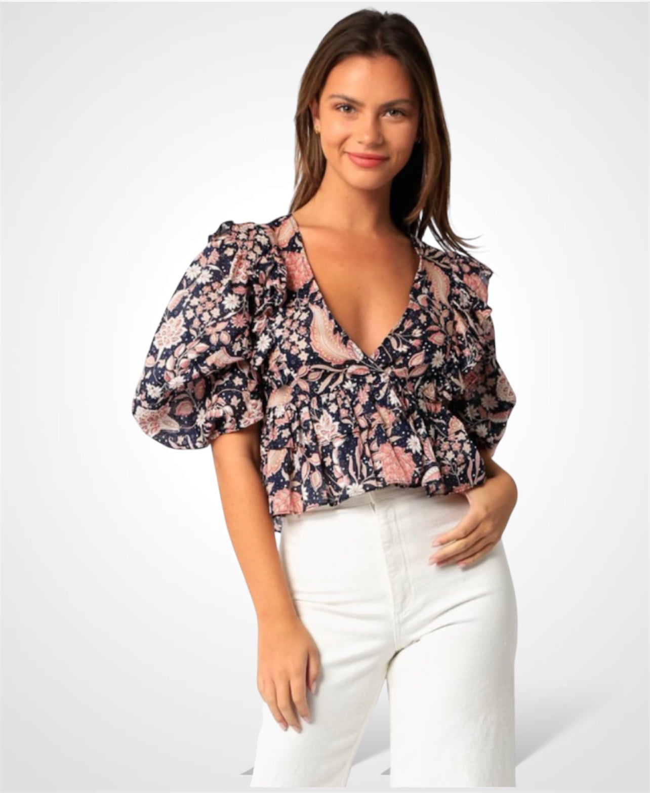 Navy Floral Ruffle Top