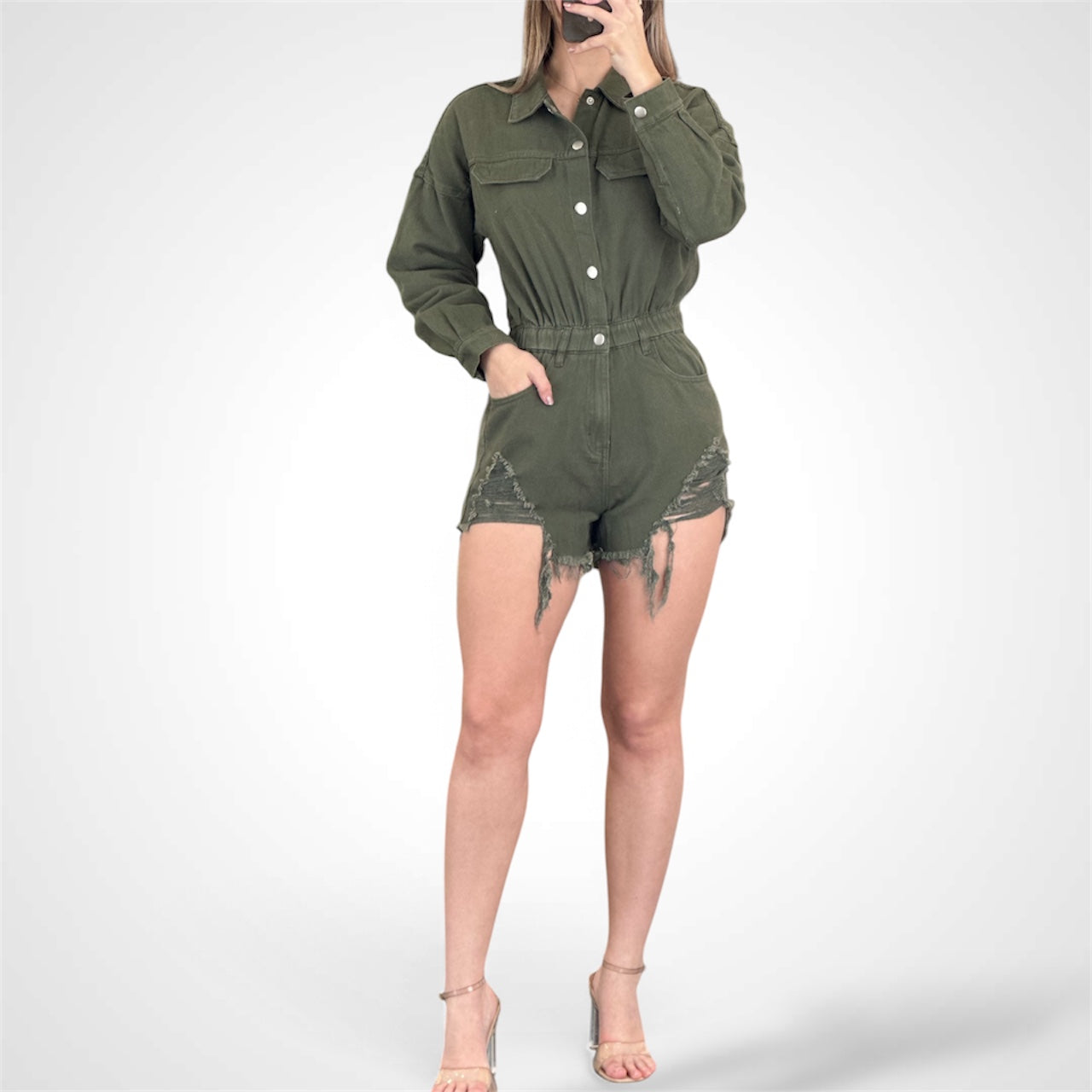 BUTTON UP POCKETS DISTRESS DENIM ROMPER•-2