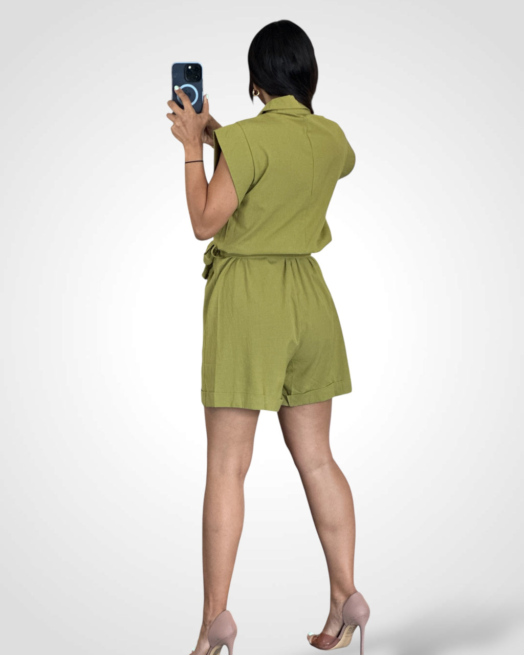 LARGE BUTTONS FRONT POCKETS GREEN ROMPER