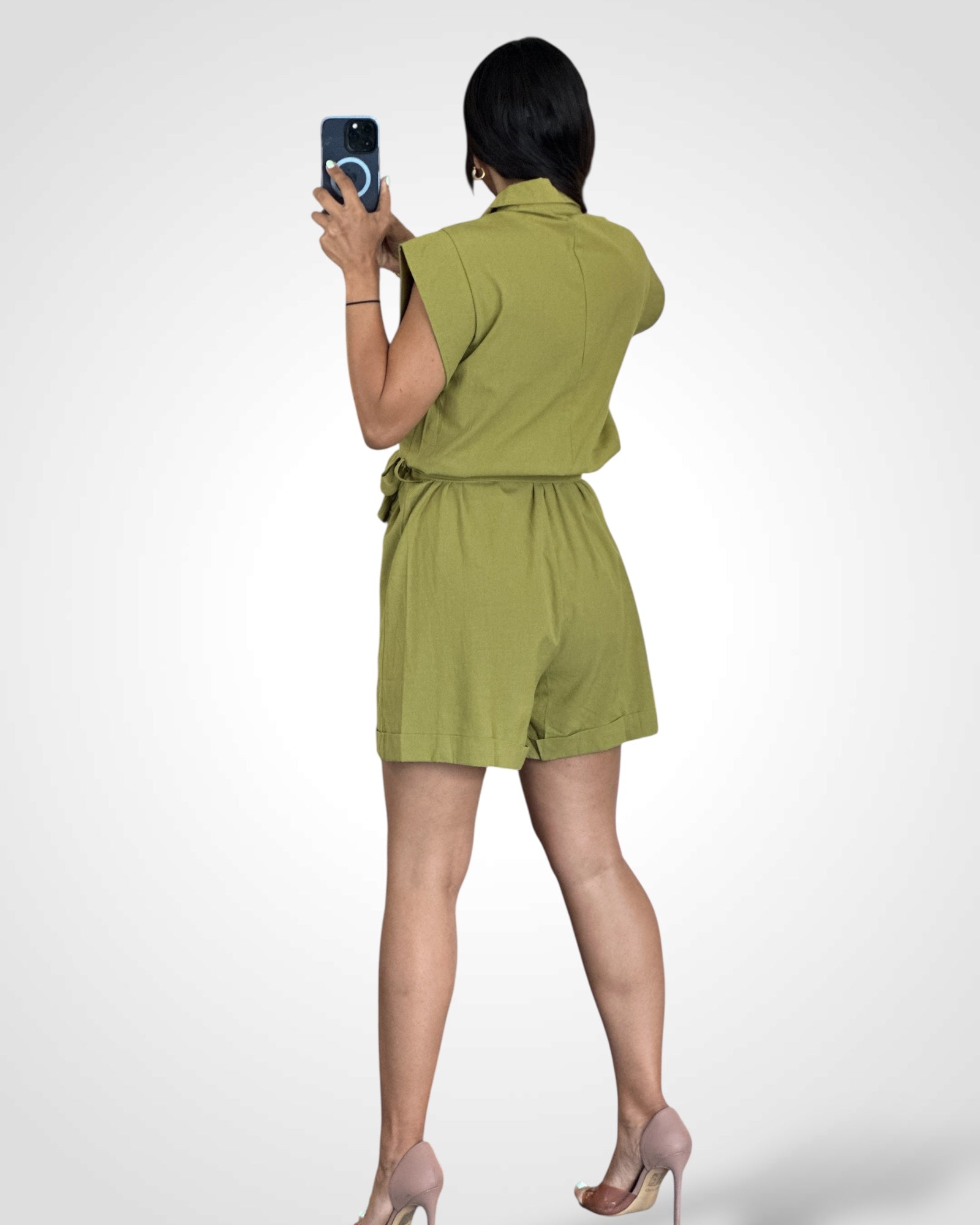 LARGE BUTTONS FRONT POCKETS GREEN ROMPER