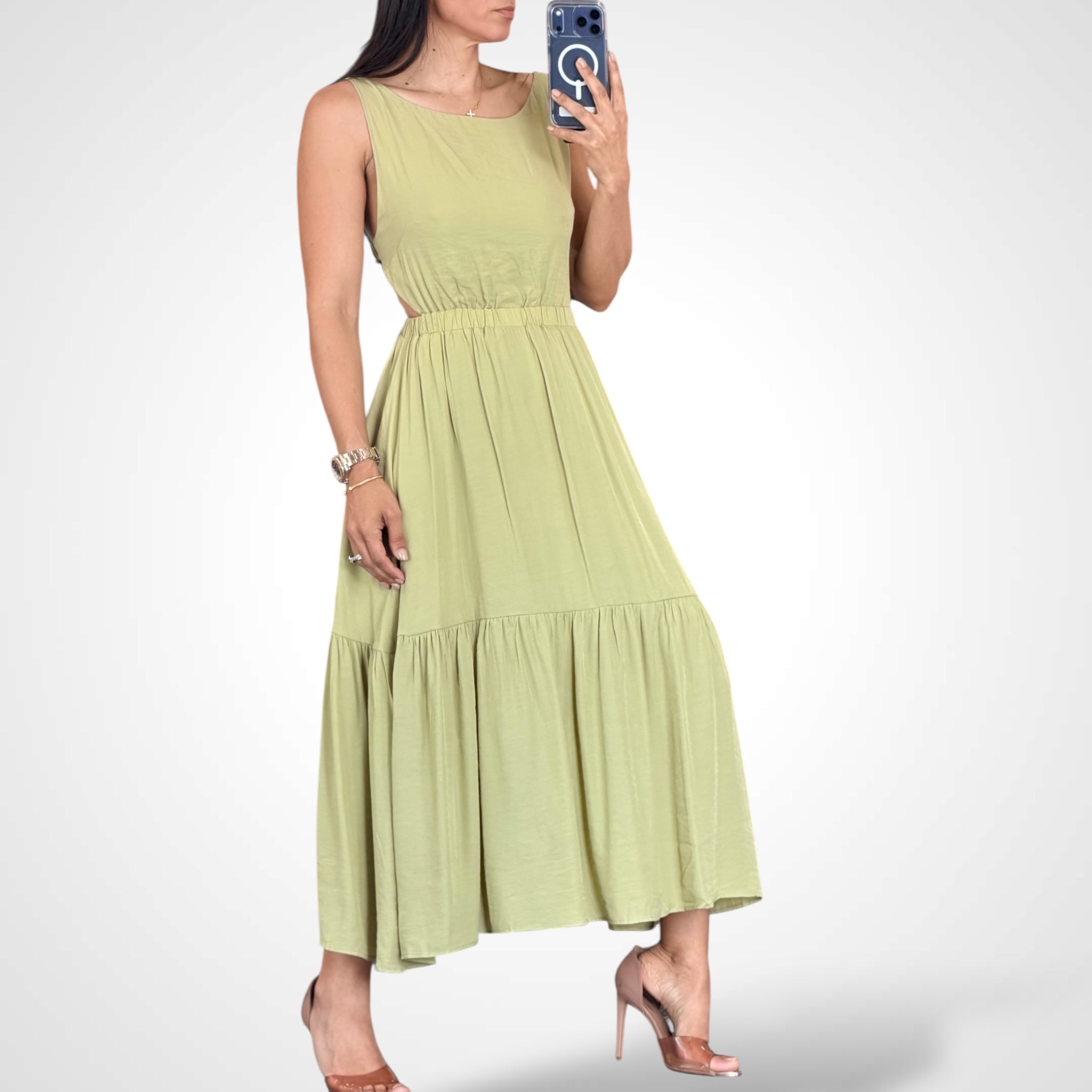 Sage Cut-out Waist Open Back Ruffled Maxi Dress•-1