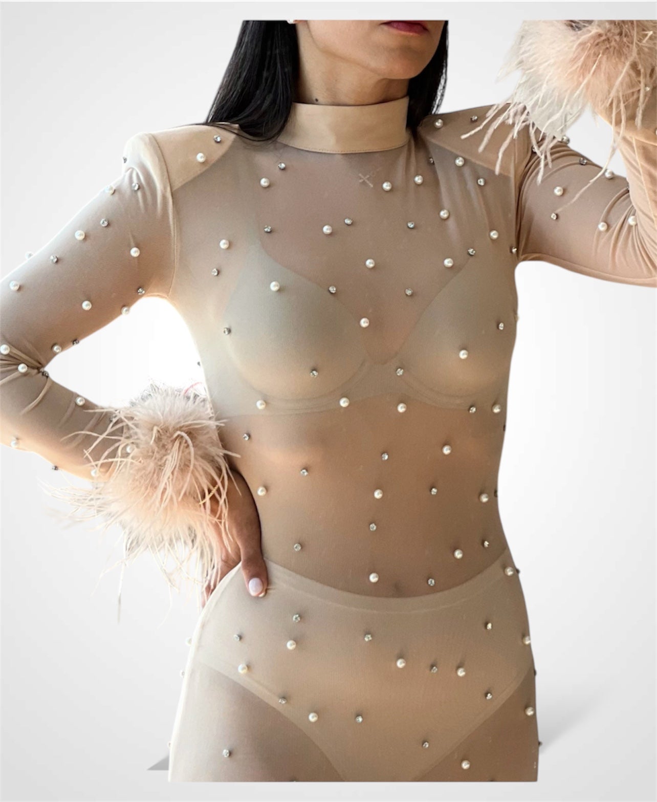 SHEER MESH PEARL & RHINESTONE MAXI DRESS