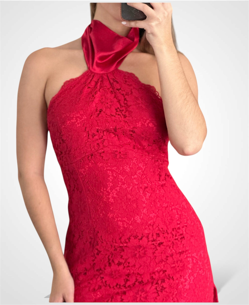 RED FLORAL LACE HALTER TIE MAXI DRESS
