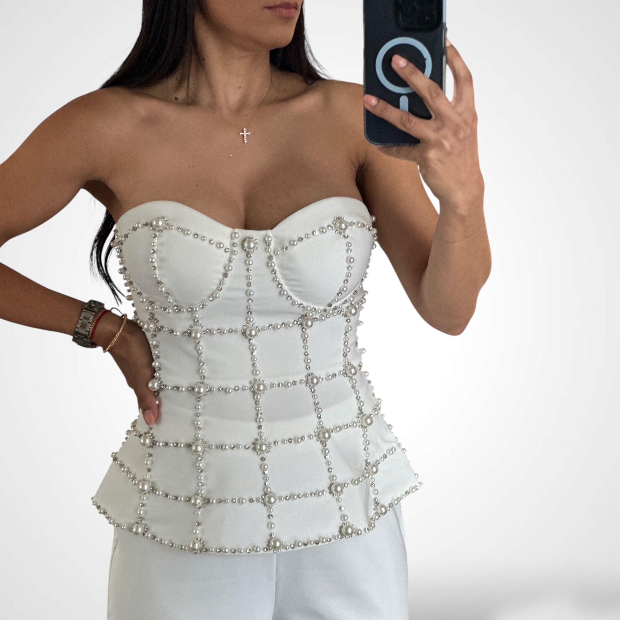 WHITE EMBELLISHED PANT SET•-2