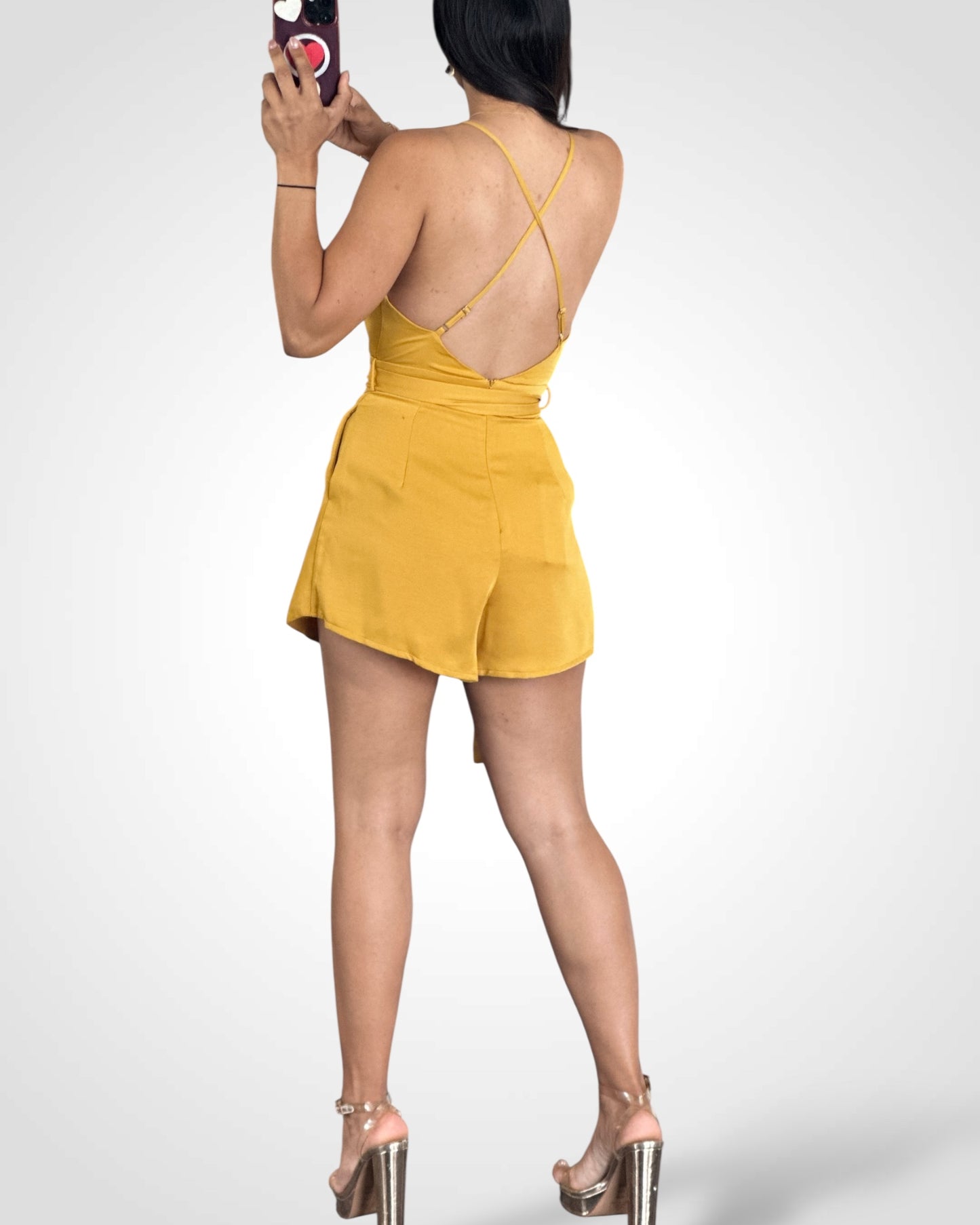 SJQ- Yellow Cross Back Satin Romper