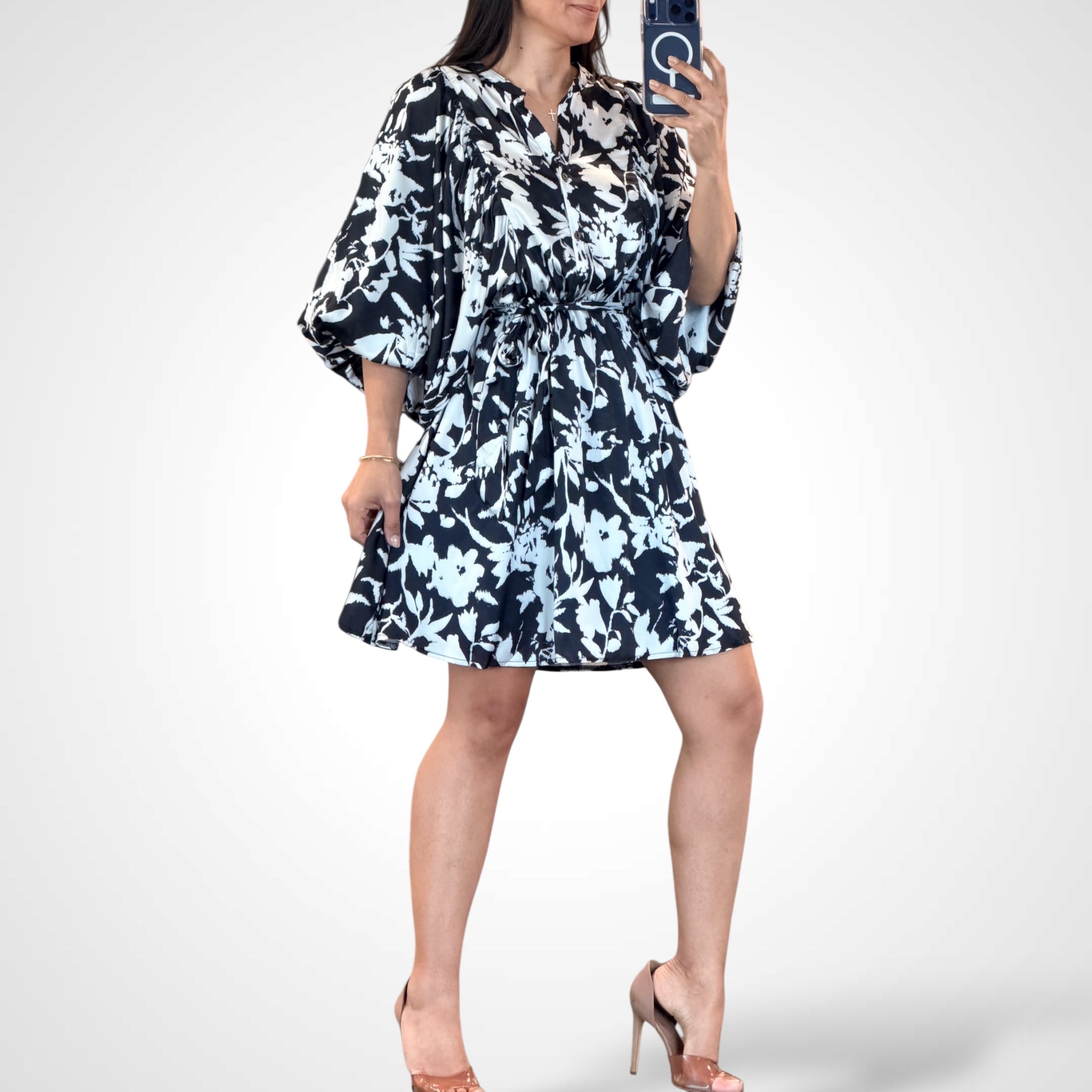 Dolman Sleeve Satin Floral Print Dress With Waist•-2