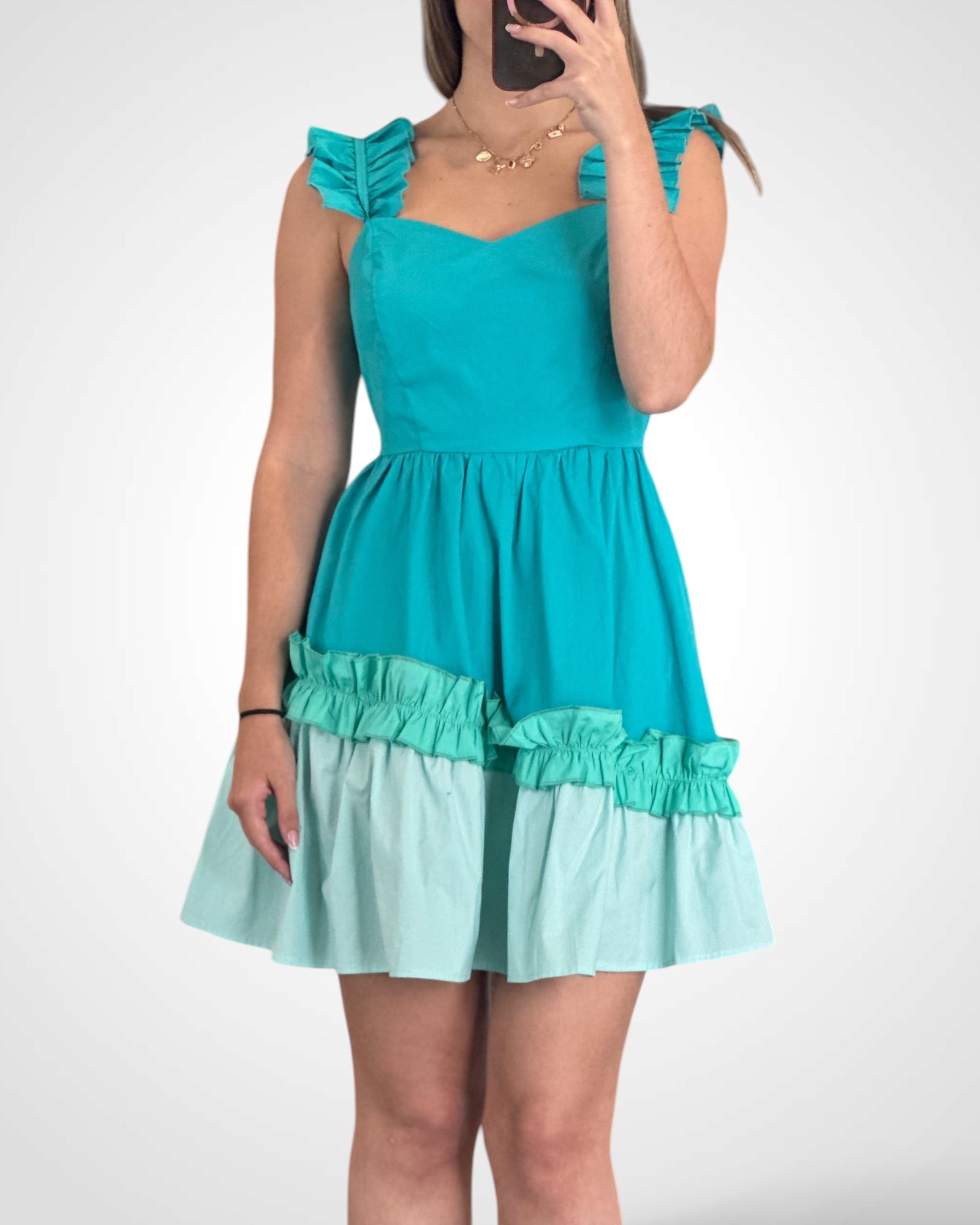 COLOR BLOCK SLEEVELESS RUFFLE TIERED MINI DRESS