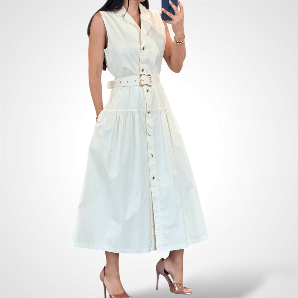 Ivory Belted Gold Button Midi Shirt Dress