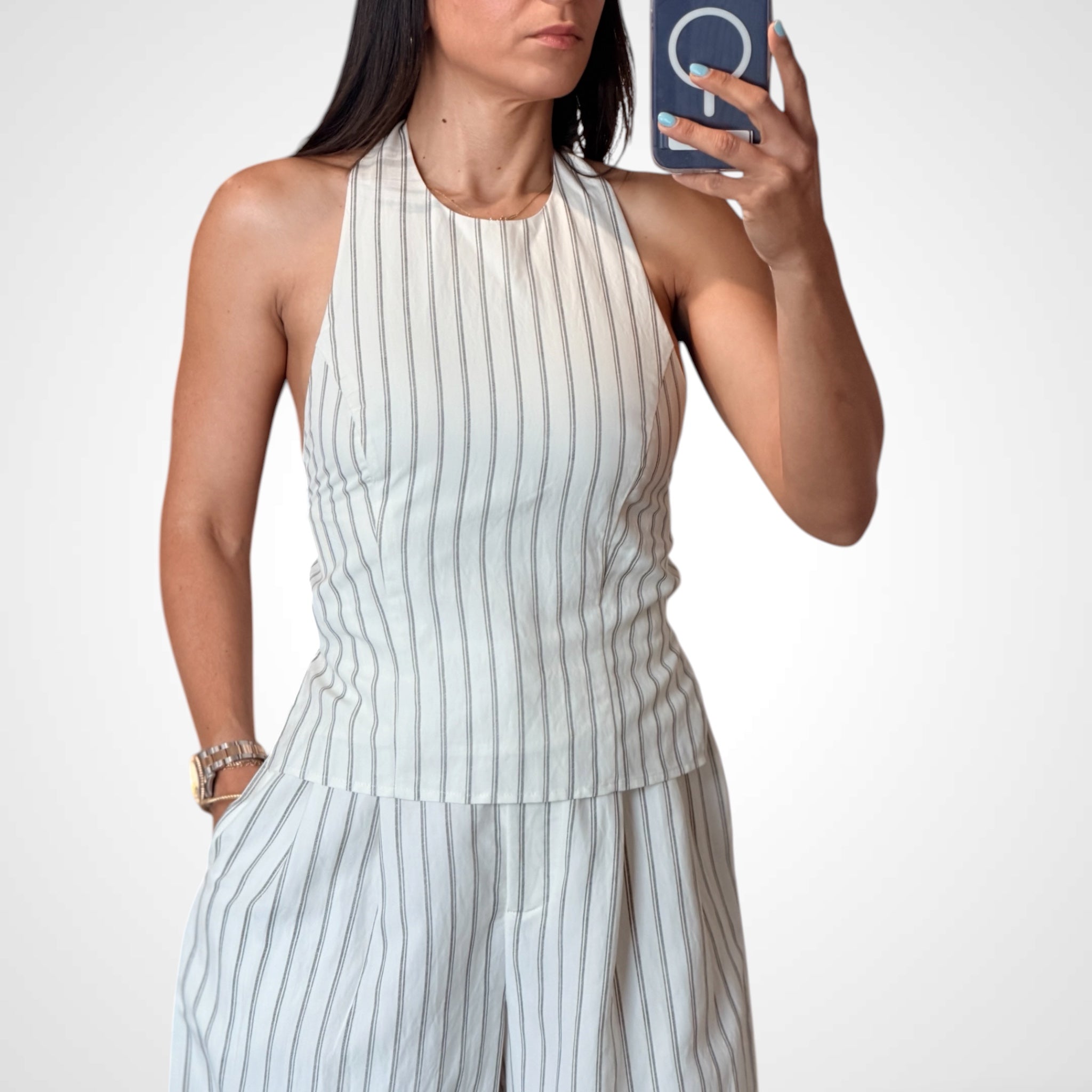 Pin Stripe Halter Neck Top and Trouser Set•-2