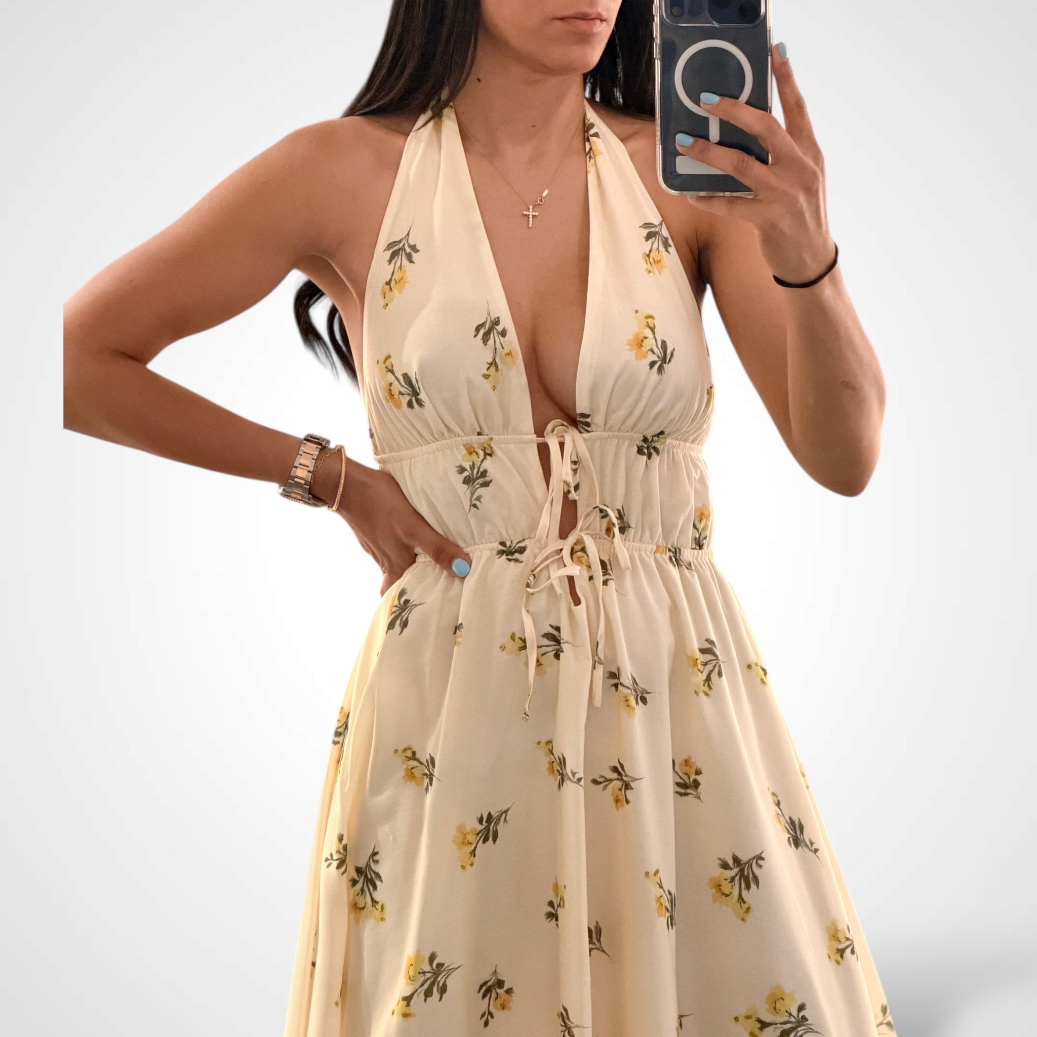 Yellow Floral Halter Dress•-2