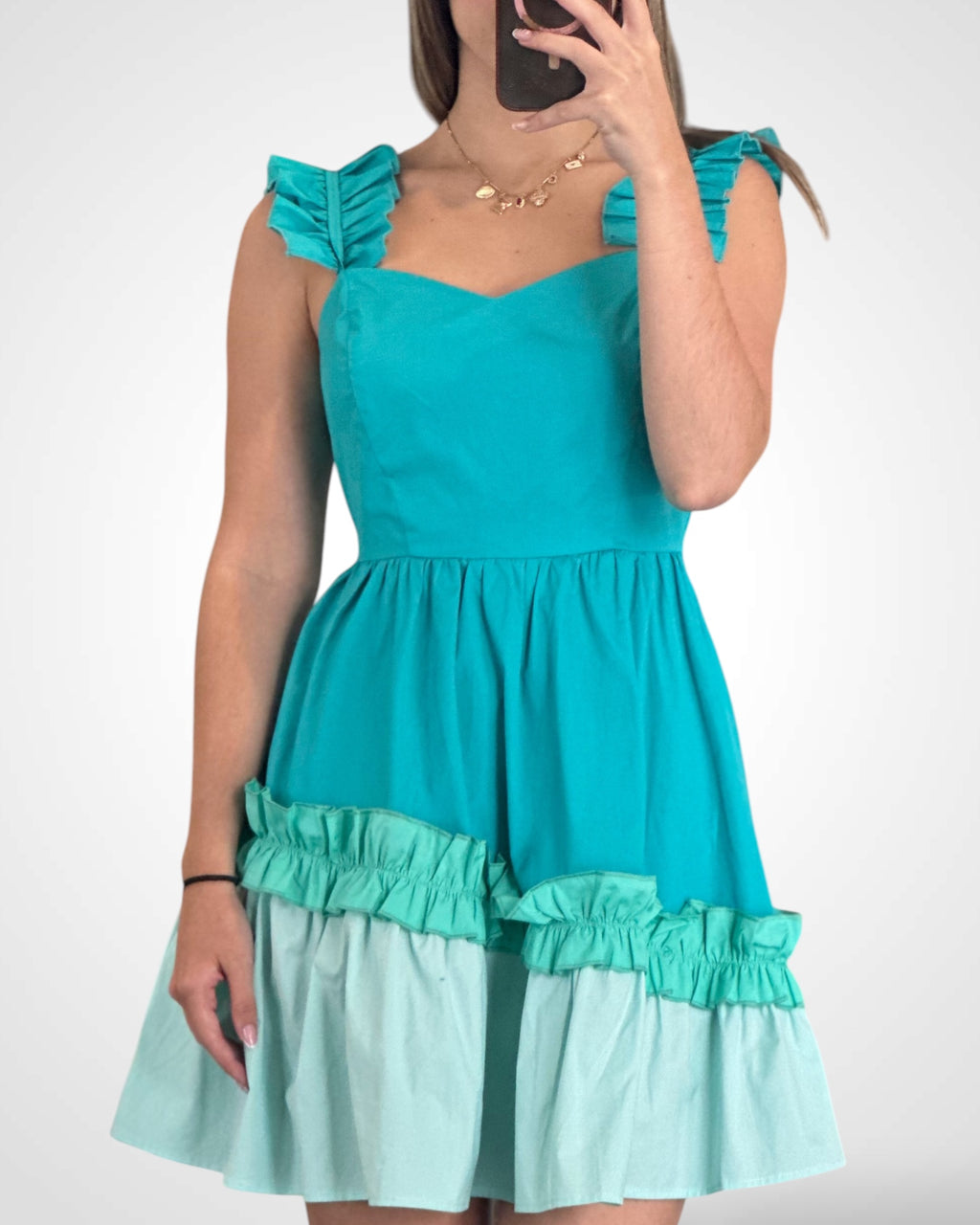 COLOR BLOCK SLEEVELESS RUFFLE TIERED MINI DRESS