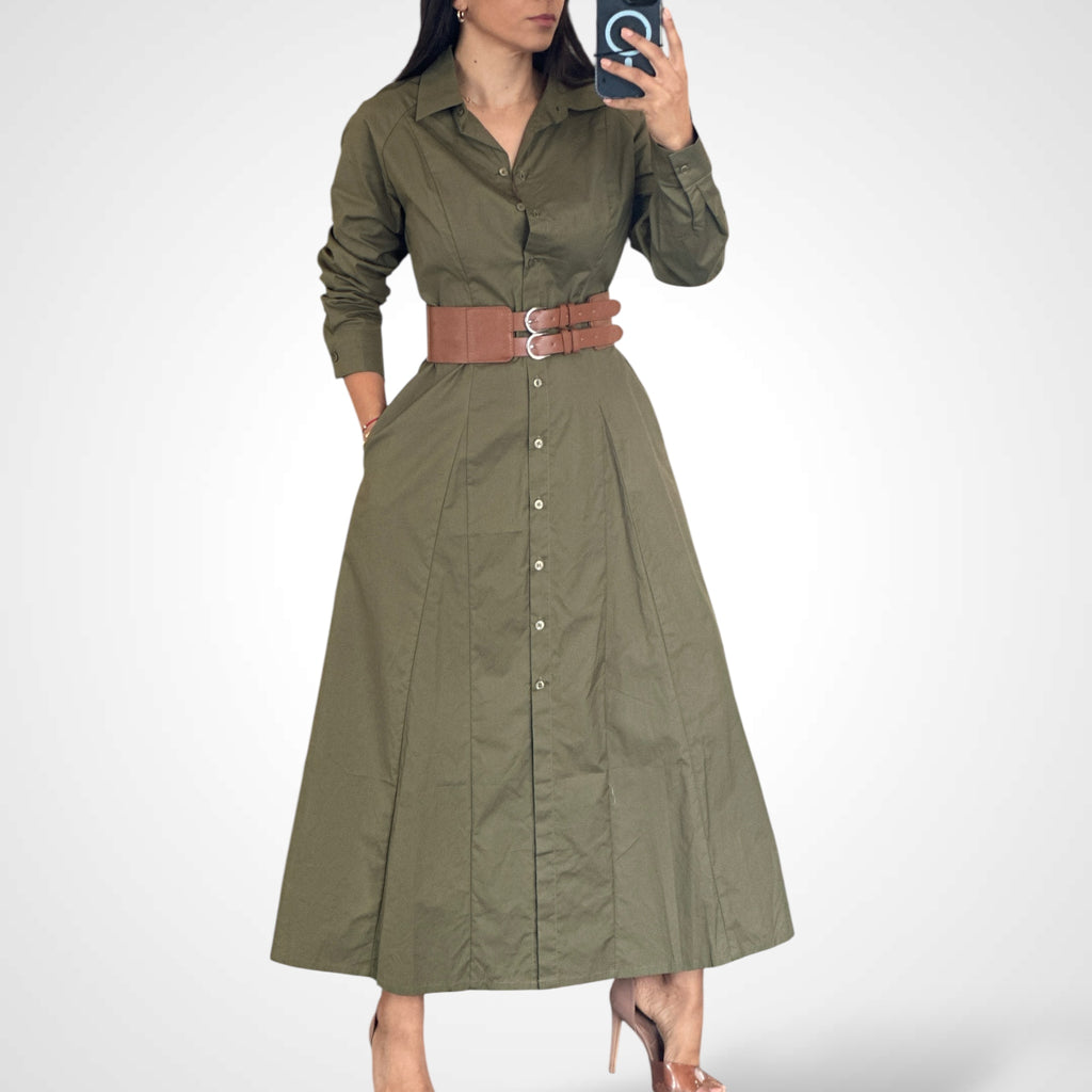 OLIVE LONG SLEEVES SHIRT DRESS WITH FAUX LEATHER WAIST BELT