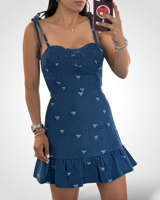 Denim Washed Bow Mini Dress