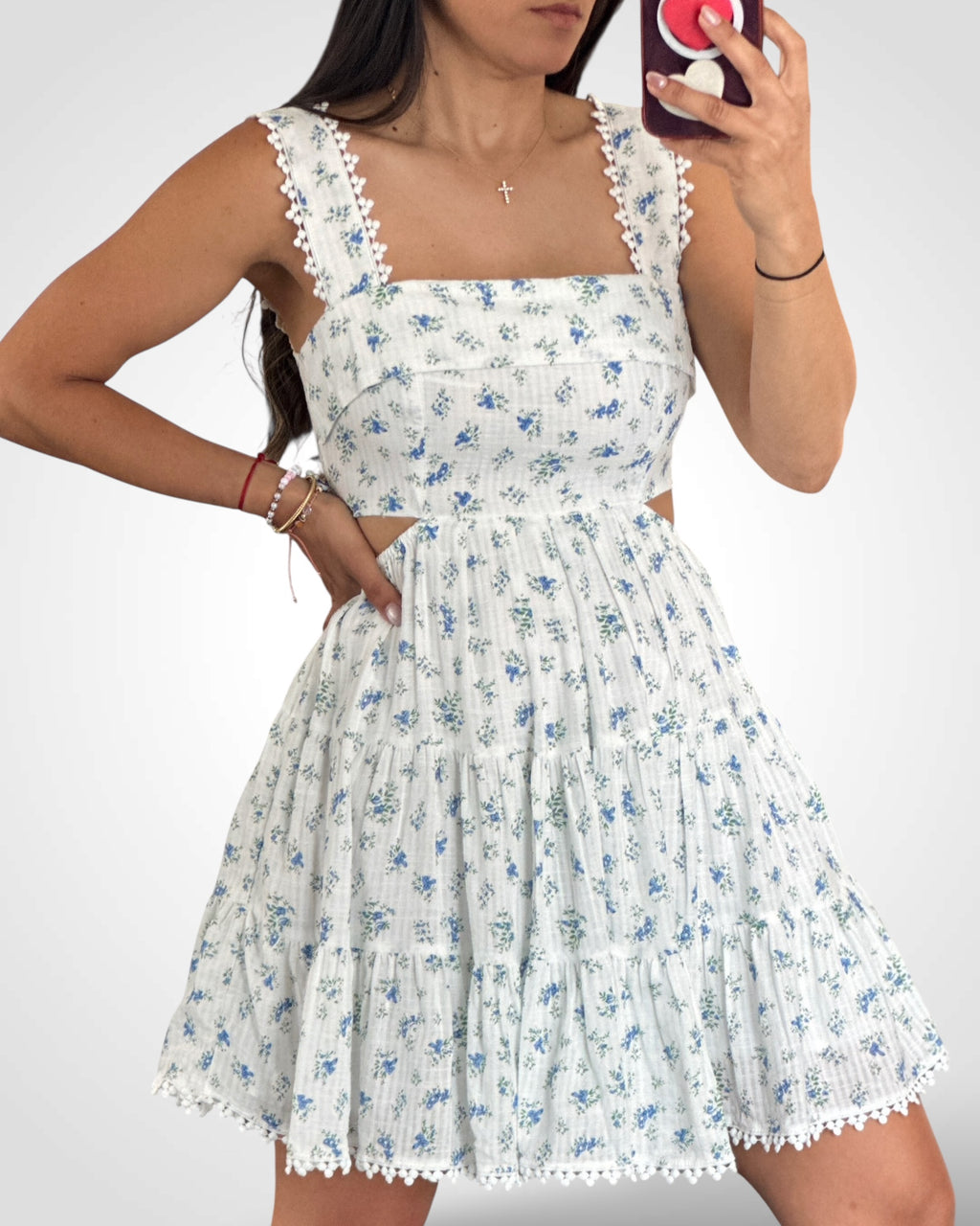 SJQ- FLORAL PRINT TIERED CUT-OUT BABYDOLL MINI DRESS