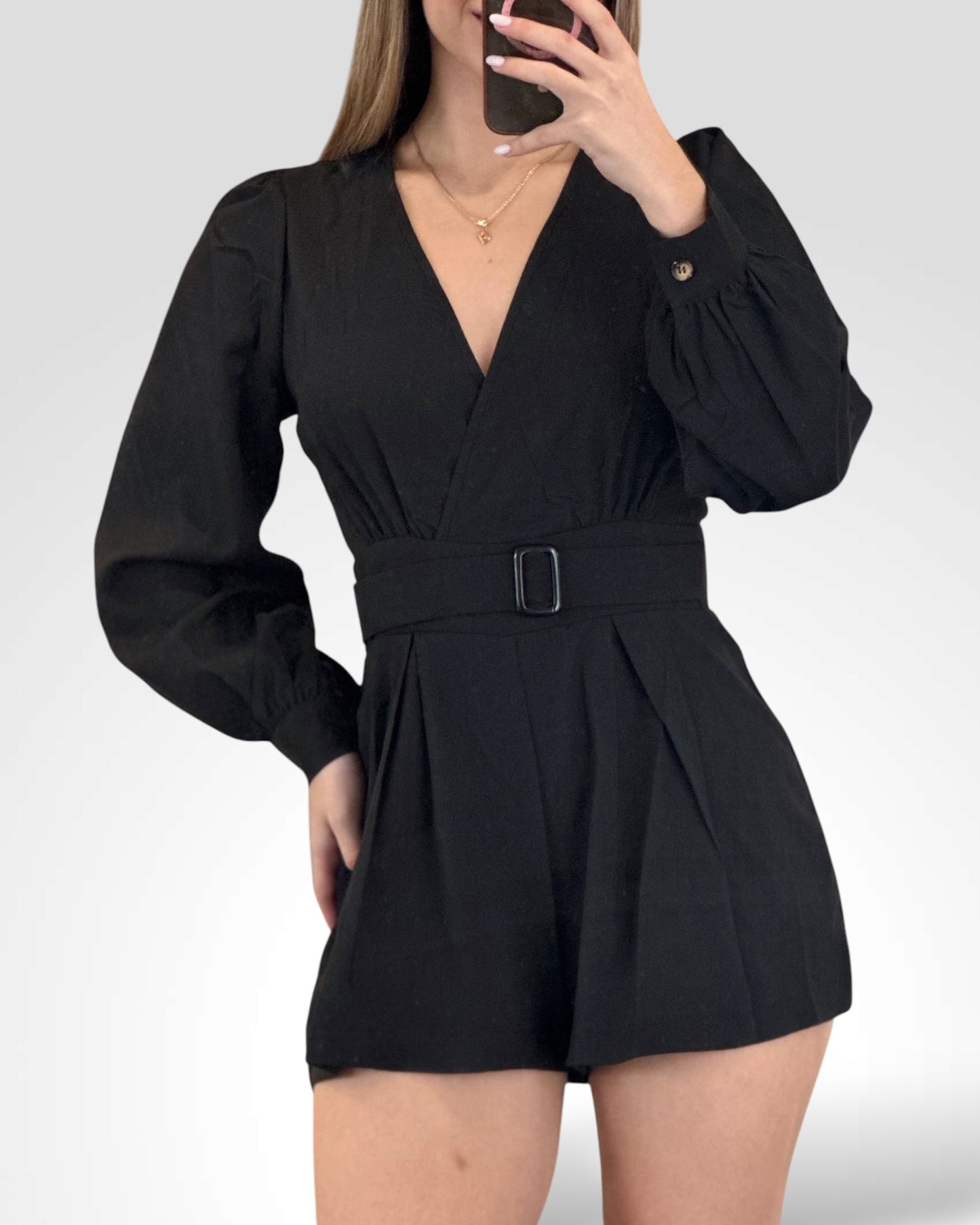 SJQ-SOLID V NECK LONG SLEEVE BELTED ROMPER