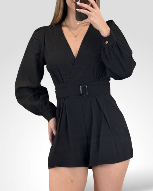 SJQ-SOLID V NECK LONG SLEEVE BELTED ROMPER