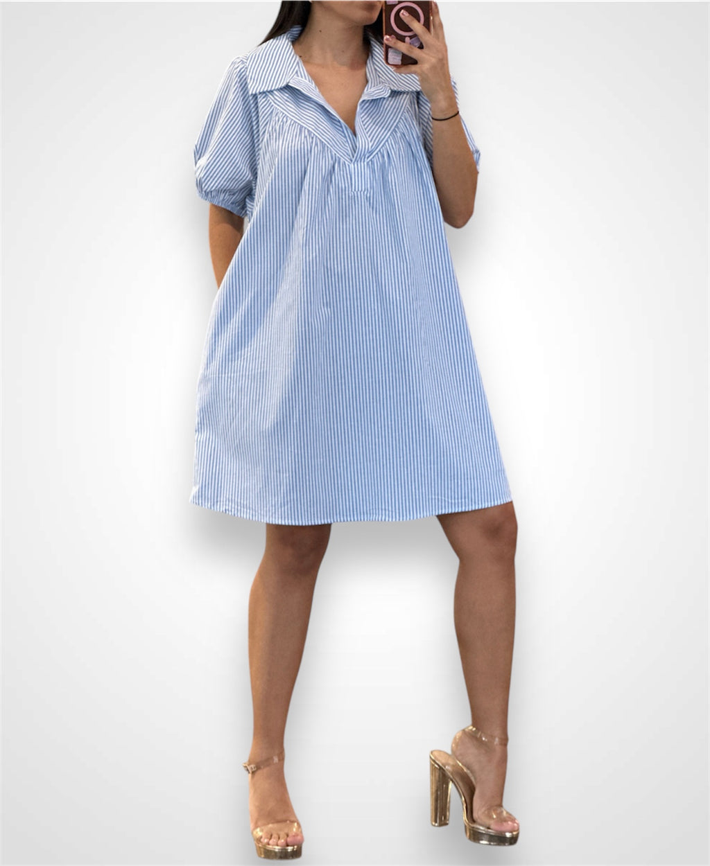 STRIPED COLLARED PUFF SLEEVES MINI DRESS