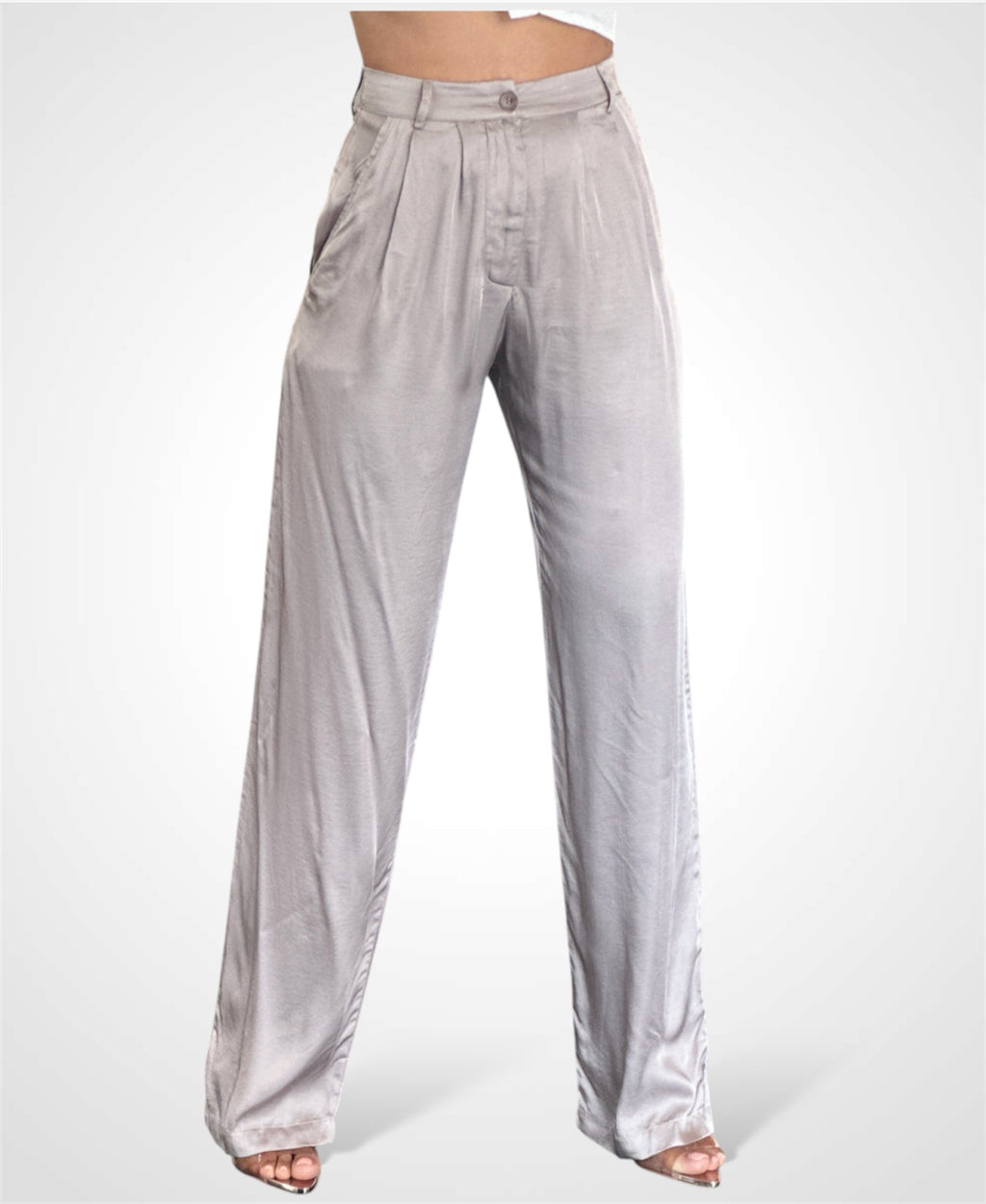 PLEATED POCKET DETAIL STRAIGHT SATIN PANTS