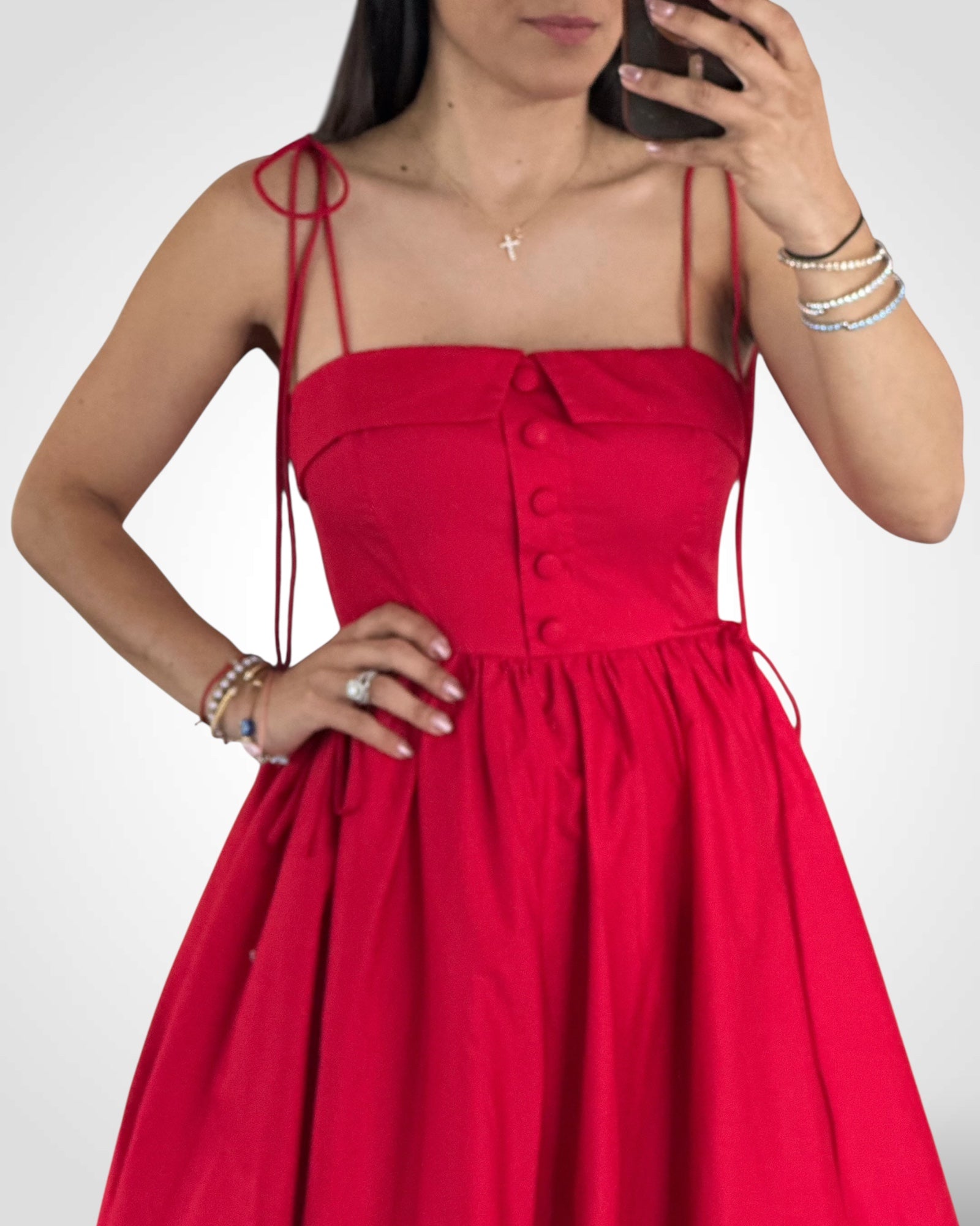 Red Spagehtti Self Tie Strap Bubble Hem Midi Dress