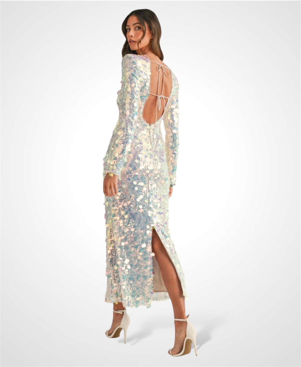 SEQUIN LONG SLEEVE OPEN BACK MERMAID MIDI DRESS