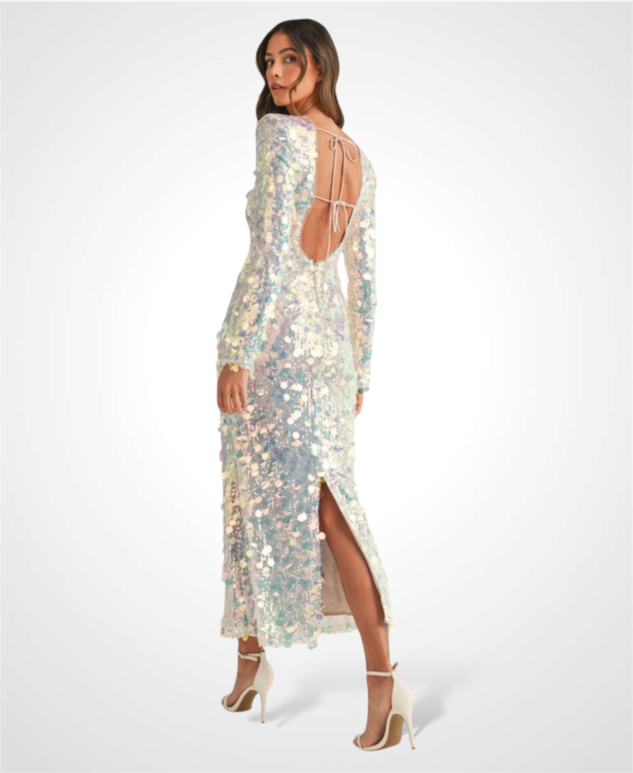 SEQUIN LONG SLEEVE OPEN BACK MERMAID MIDI DRESS