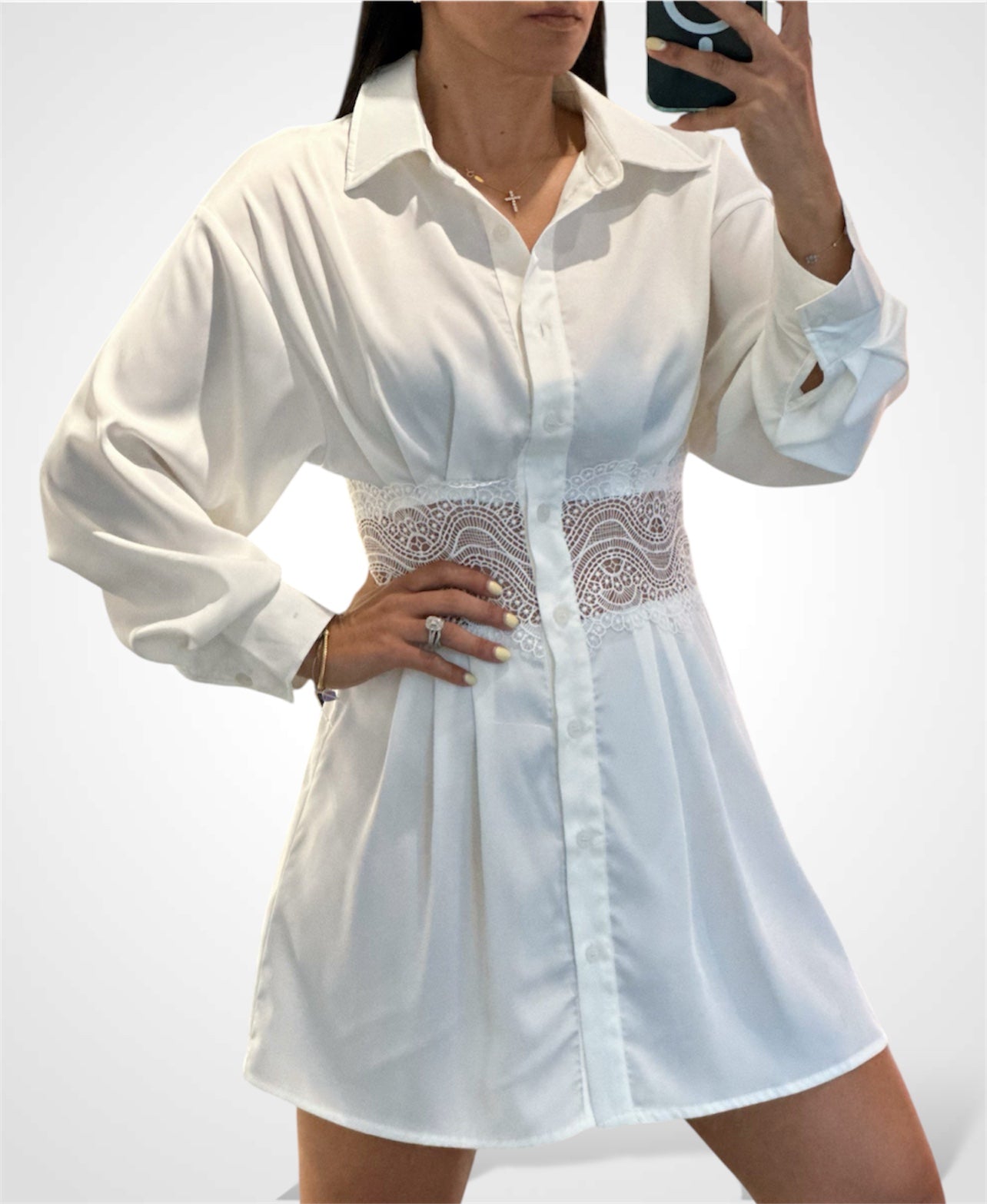 White Lace Shirt Dress•-1