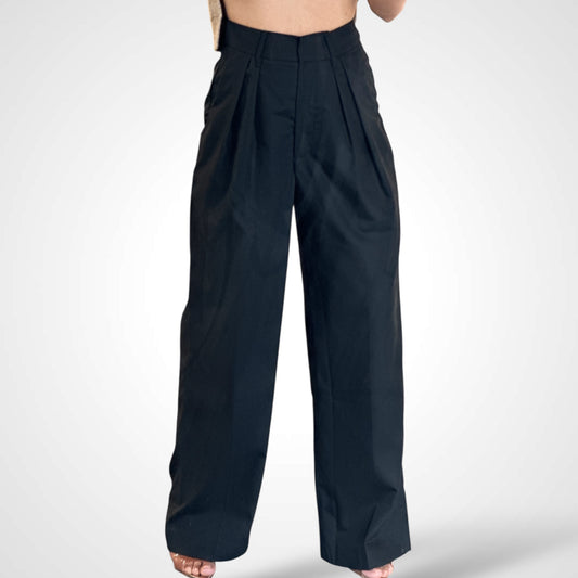 BLACK MID-RISE PINTUCK SUIT PANTS