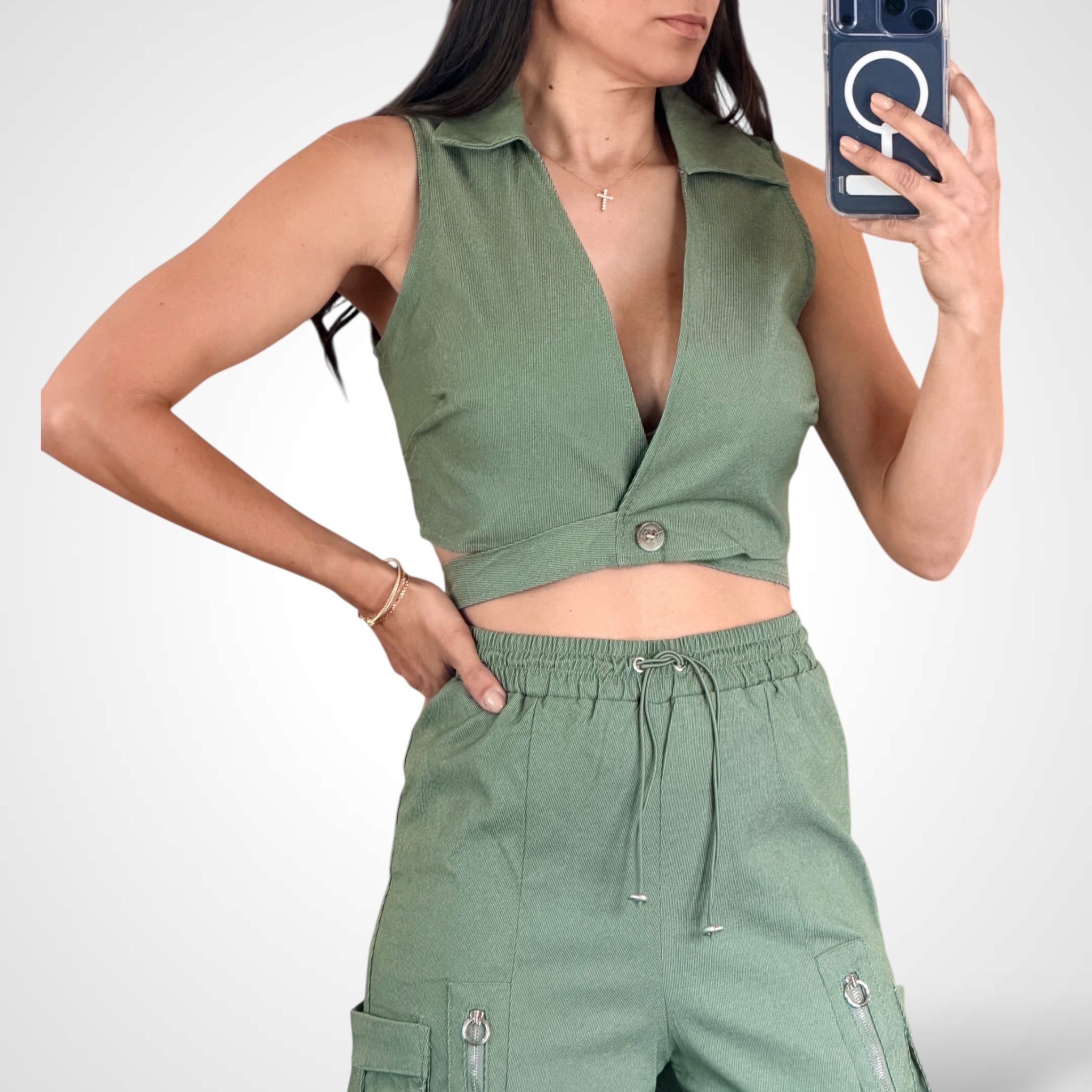 Wrap Crop Top & Elastic Waist Pants Denim 2pc. Set•-2
