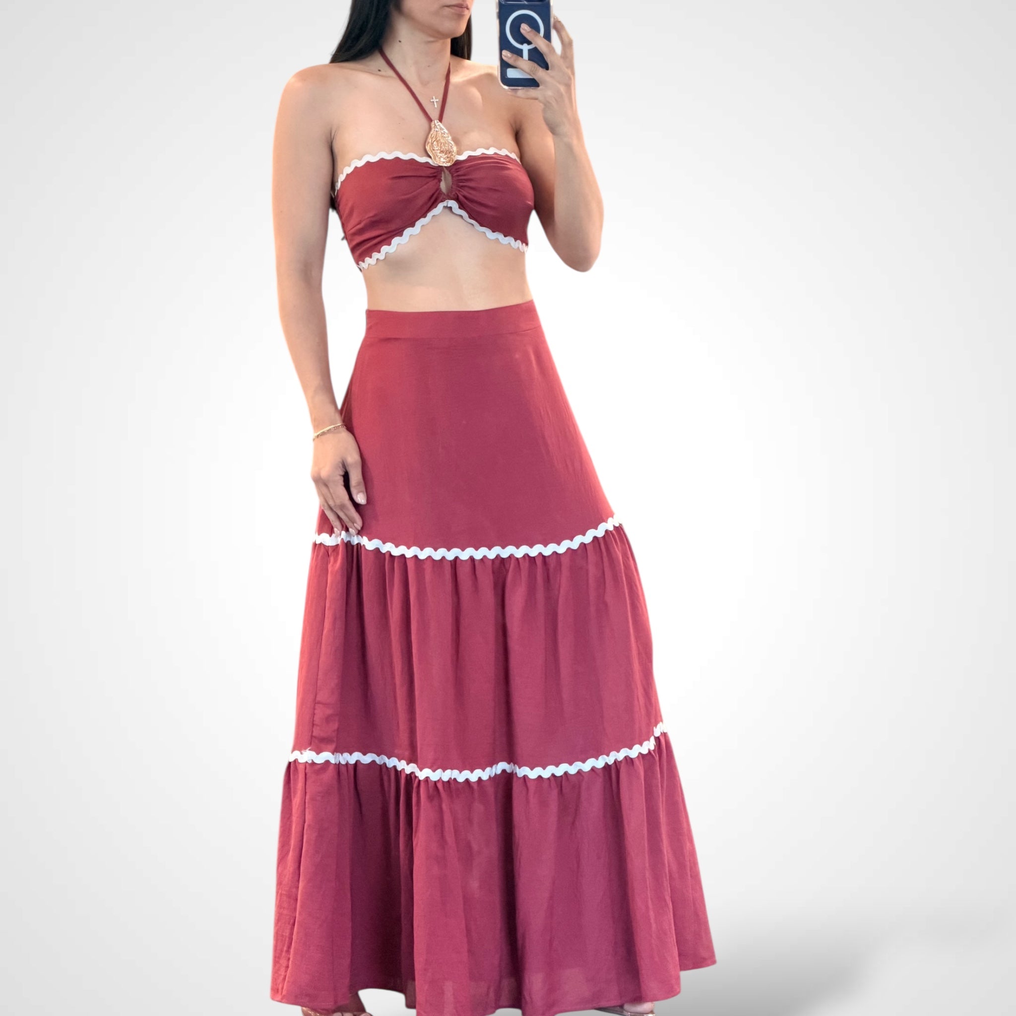 Brick Sleeveless Crop Top Elastic Waist Skirt Trim Set•
