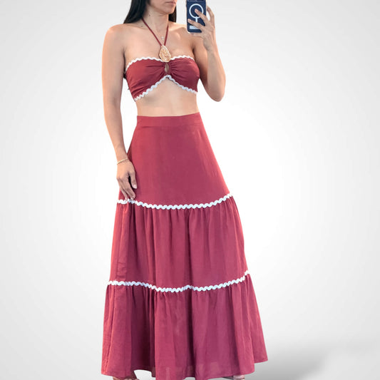 Brick Sleeveless Crop Top Elastic Waist Skirt Trim Set