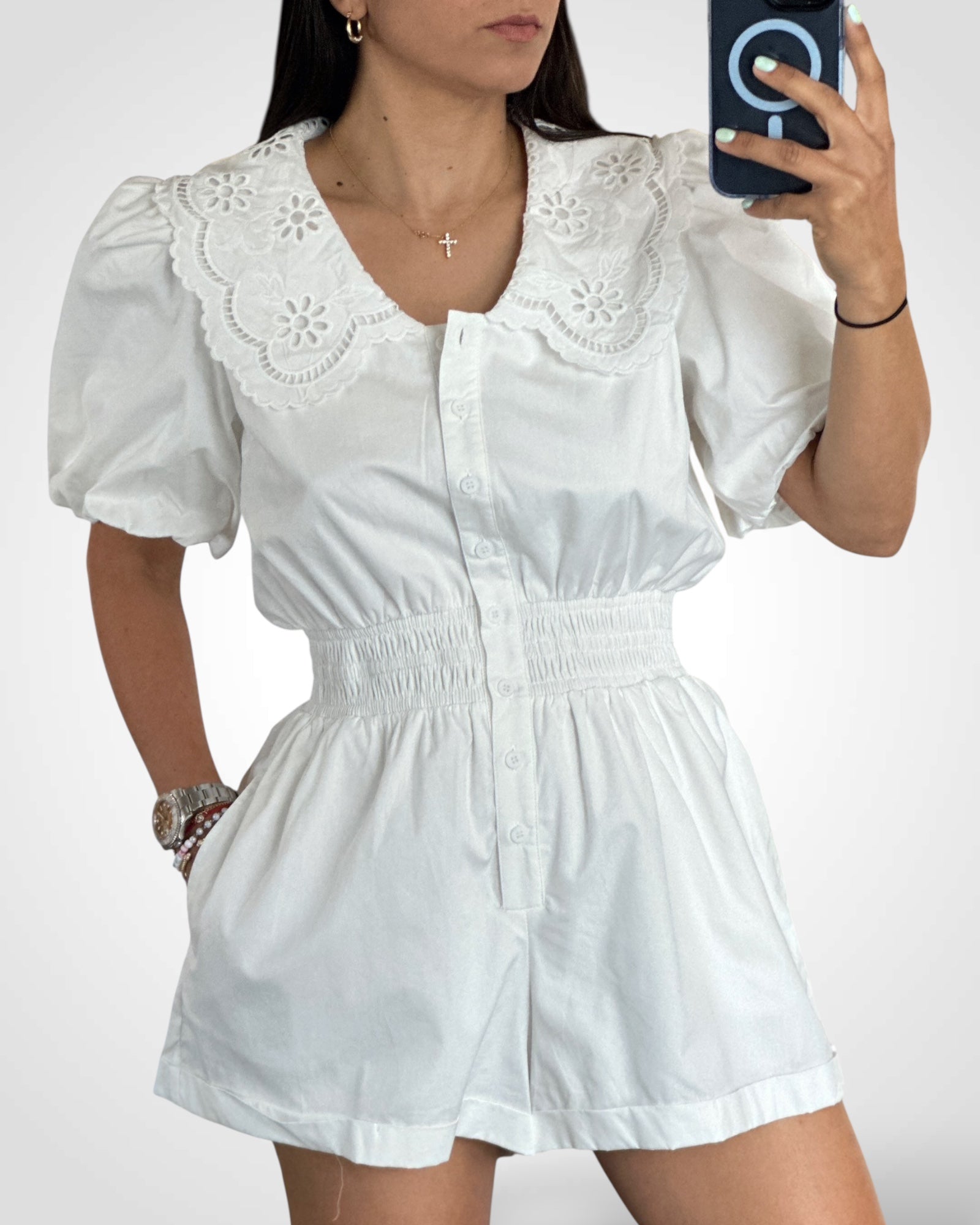 PUFF SLEEVE EMBROIDERY COLLARED BUTTON ROMPER