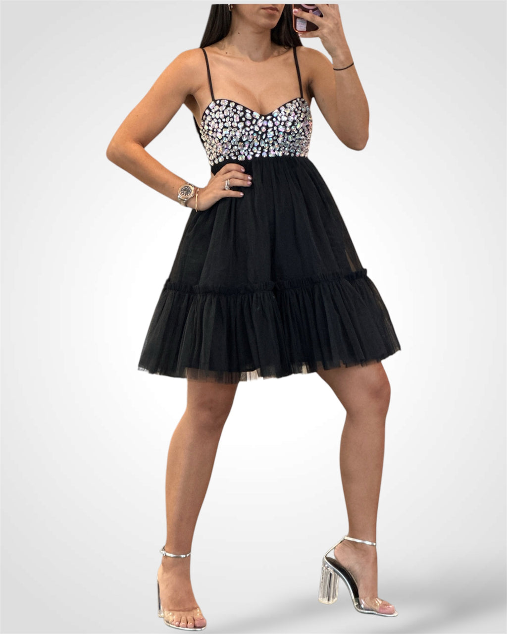 SLEEVELESS TIERED RUFFLE STUDS DETAILED MINI DRESS
