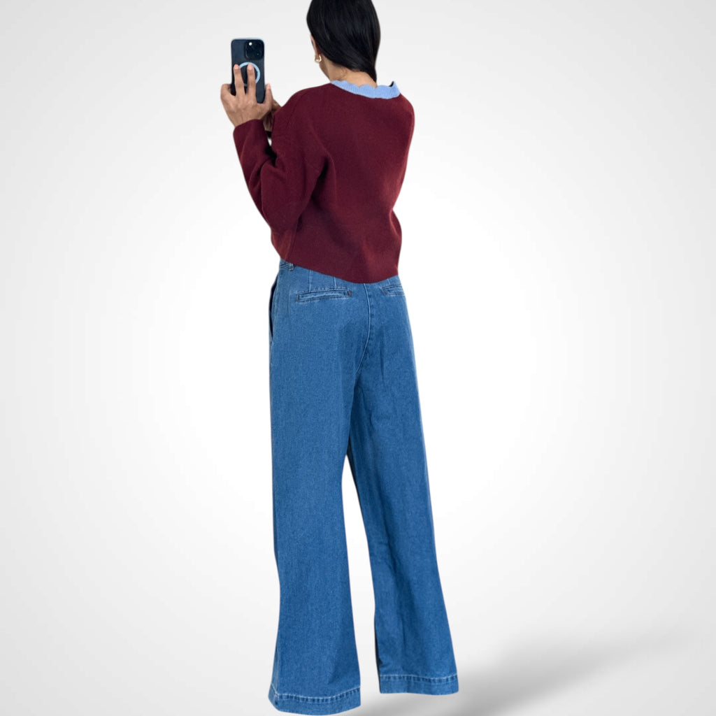 PLEATED WIDE LEG DENIM TROUSERS
