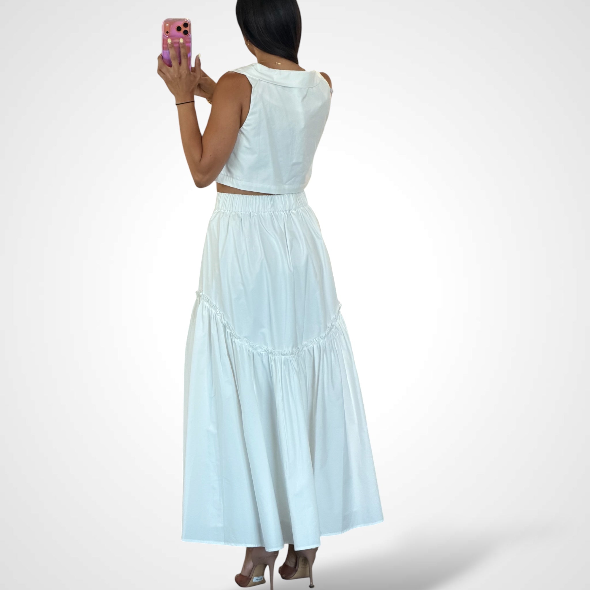 POPLIN COLLAR SLEEVELESS CROP TOP AND SKIRT SET-3