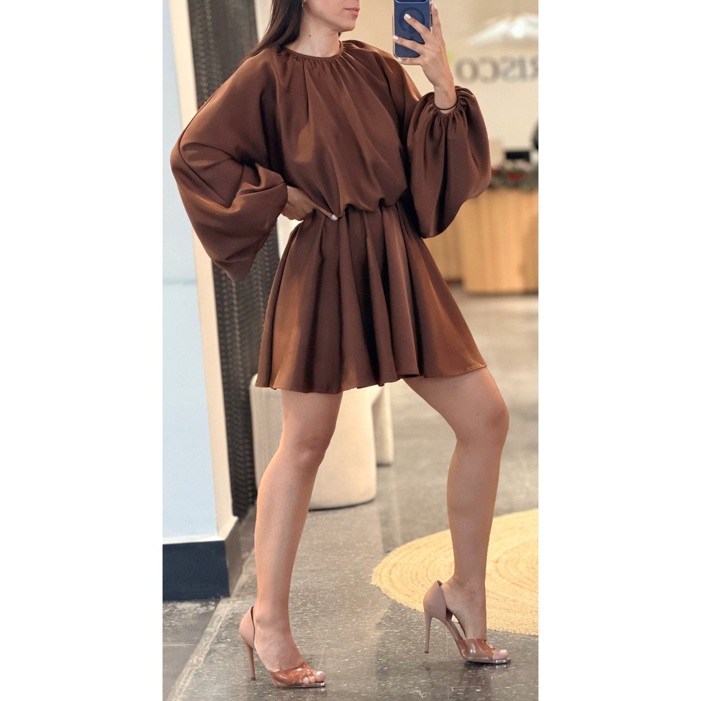 Puff Long Sleeve Flowing Mini Dress