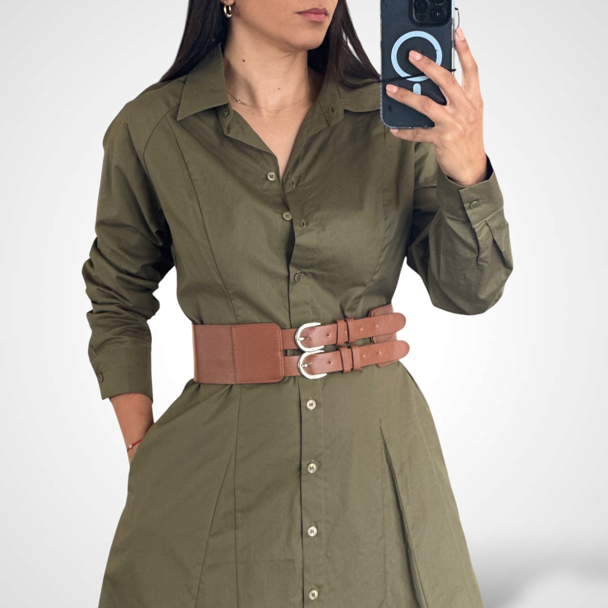 OLIVE LONG SLEEVES SHIRT DRESS WITH FAUX LEATHER WAIST BELT
