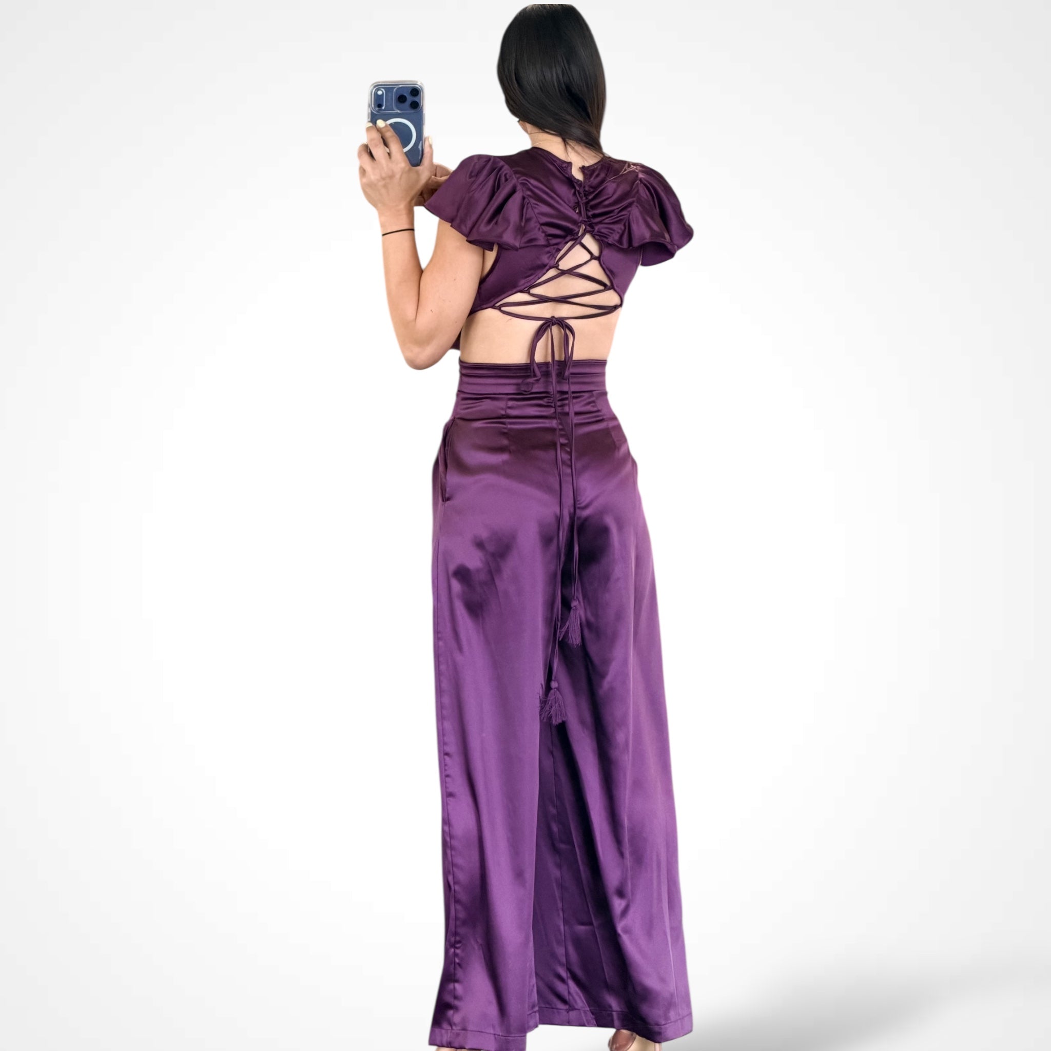 Plum Satin Ruffle Detail Jumpsuit•-2