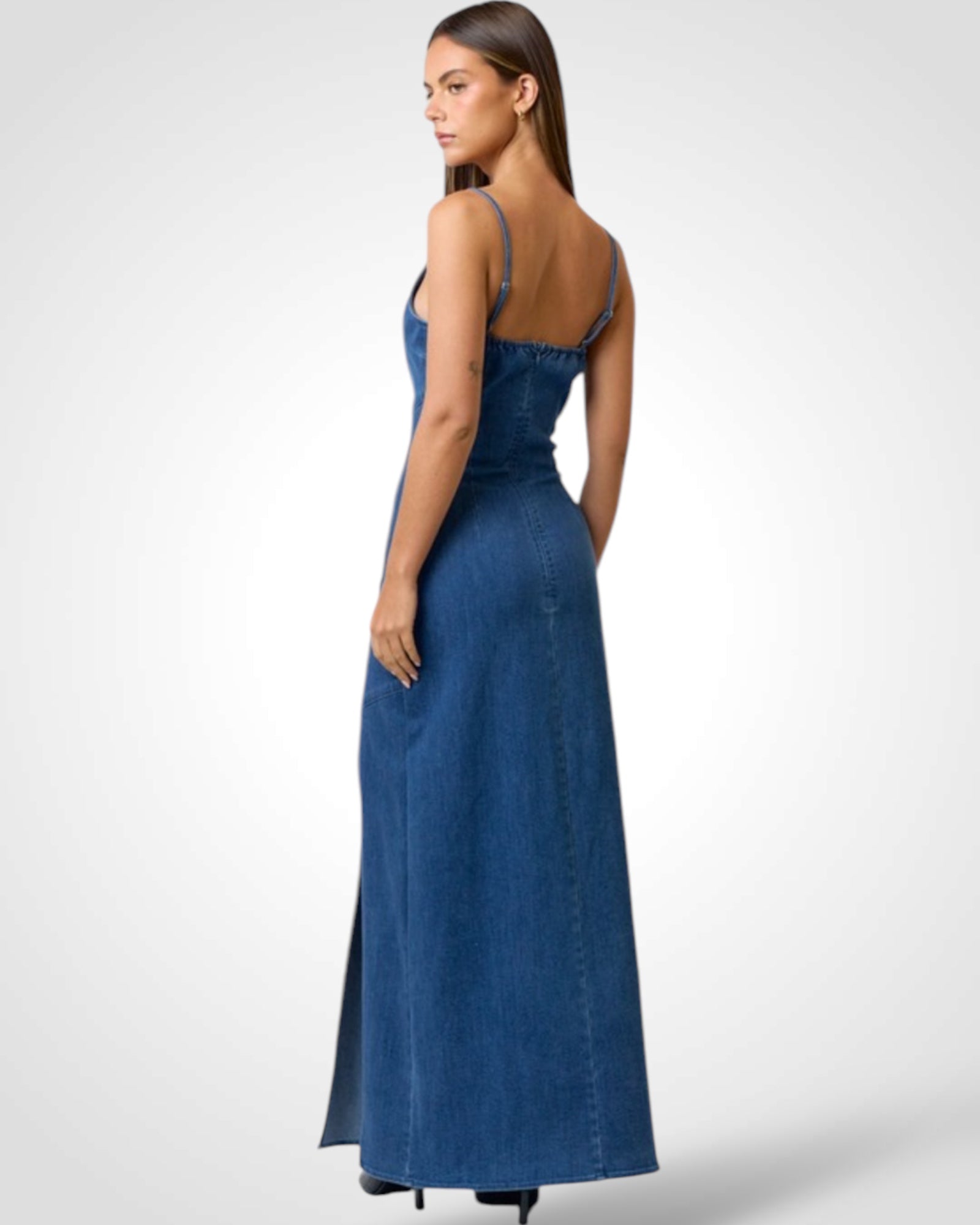 STRETCH DENIM HIGH SLIT MAXI DRESS•-2